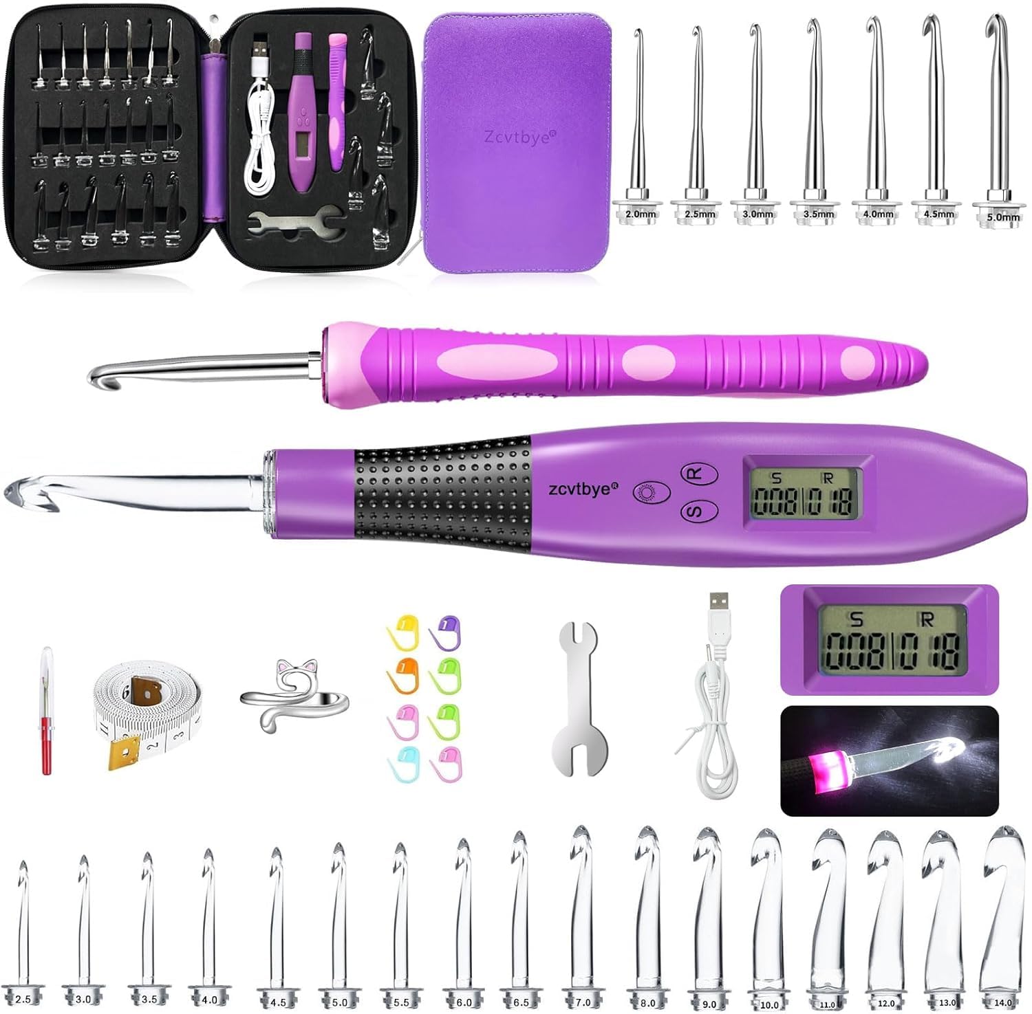 Set de crochet digital,crochet iluminado con contador,24 tamaños diferentes intercambiables,ergonómico con LED 2 niveles