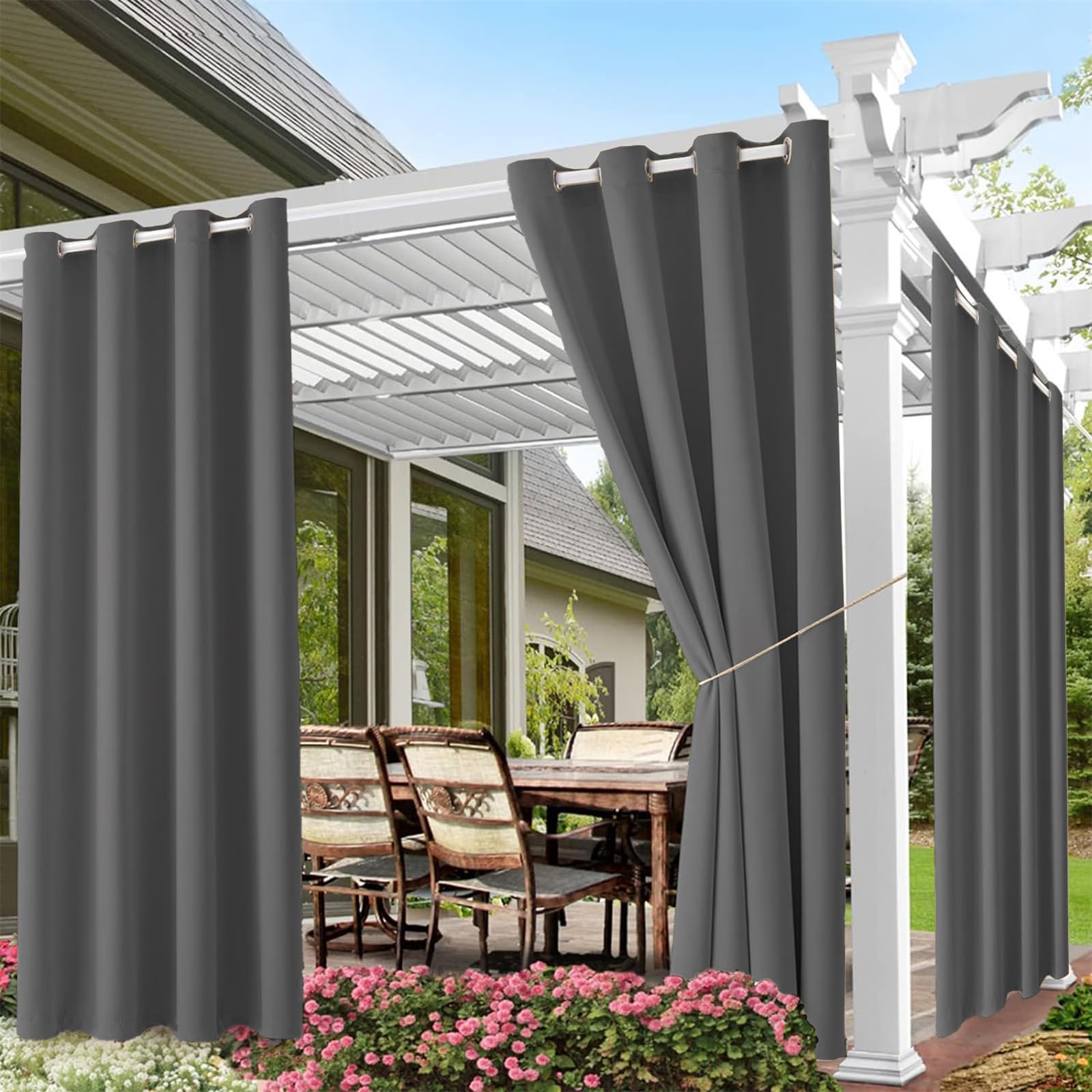 LINGKY Blickdicht Vorhänge Outdoorvorhänge Gardinen Terrassen Sichtschutz Outdoor Vorhang Wetterfest Wasserdicht Sonnenschutz für Balkon Pavillon, 213x132 cm(HöhexBreite), Grau, 2er Set