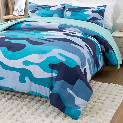 Miniatura 4 de Meeting Story Juego de ropa de cama de camuflaje, juego de edredón de camuflaje tamaño Queen con patrón colorido, 3 piezas, 1 edredón y 2 fundas de