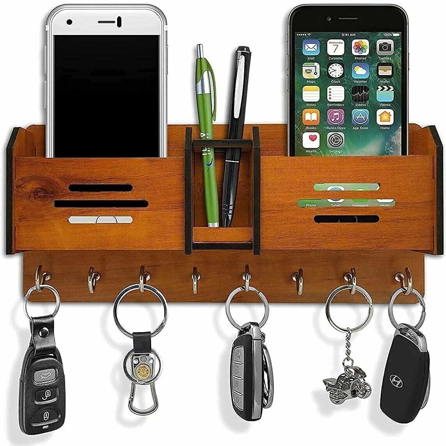 Wooden Key Holders for Home Wall Stylish | Wooden Wall Mounted Decorative Key Chain Hanger with 7 Hooks & Mobile Stand for Home & Office | | Design: Geometric Multipurpose Design| Brown-image-6