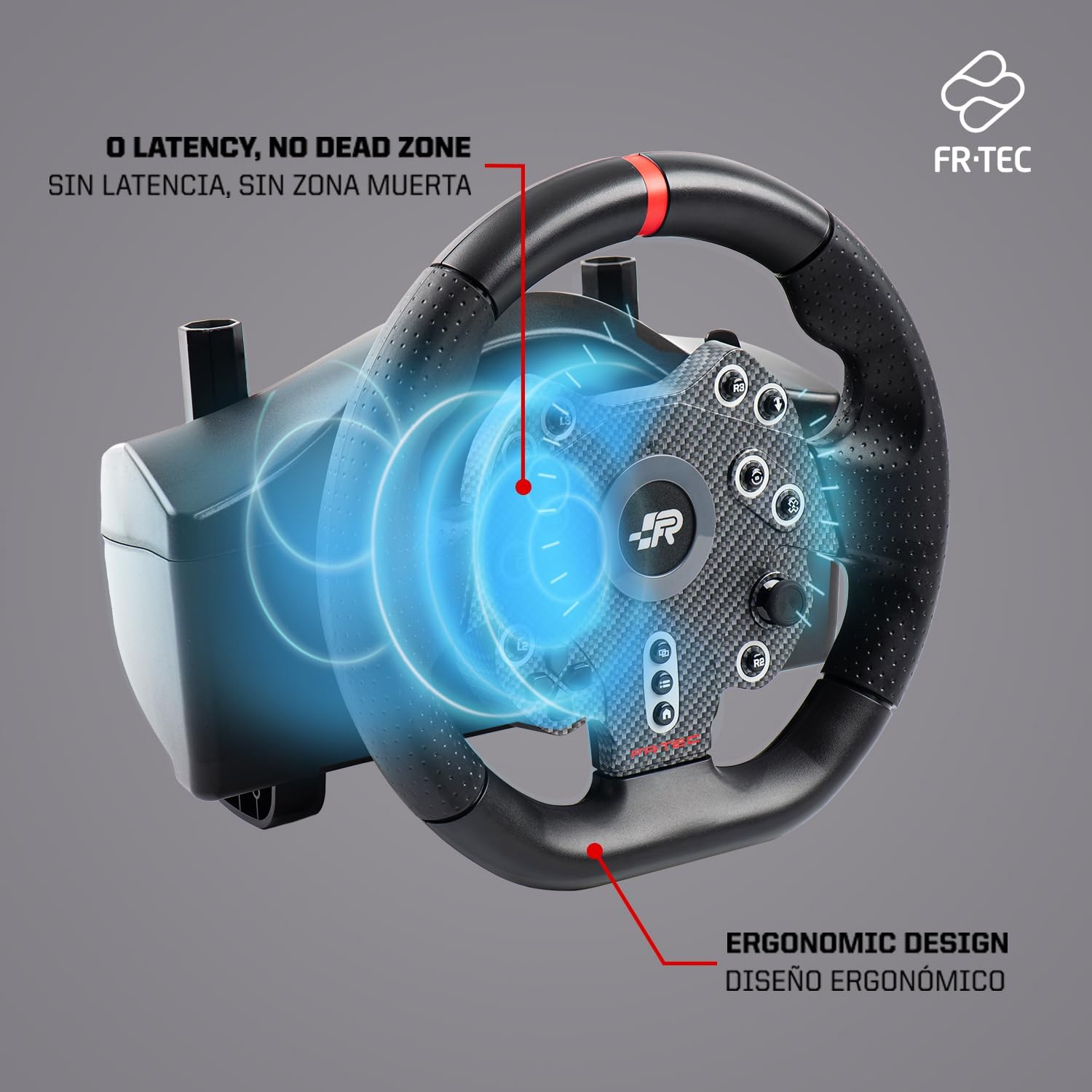 Diagram illustrating zero latency and ergonomic design of the racing wheel