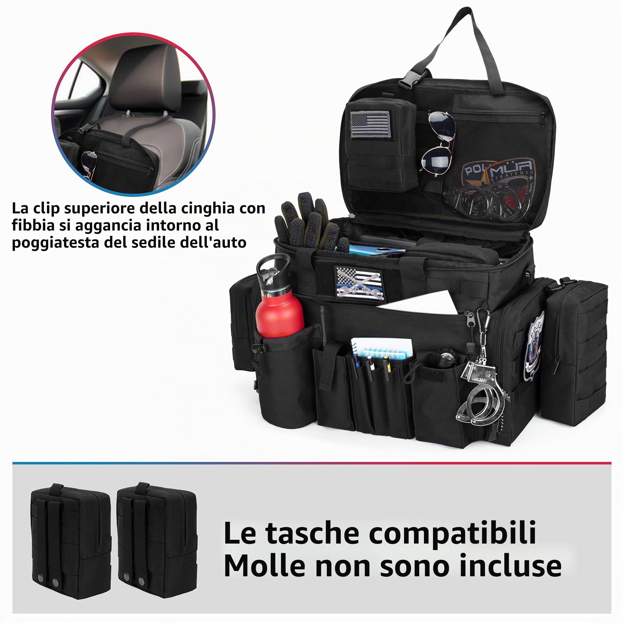 Trunab Borsone Polizia Borsa Tattica MOLLE, Organizer da Auto per Sedile Anteriore, Borsello Viaggio Tracolla Militare con Scomparto per Laptop 15,6", Non Include Piccola MOLLE Marsupio