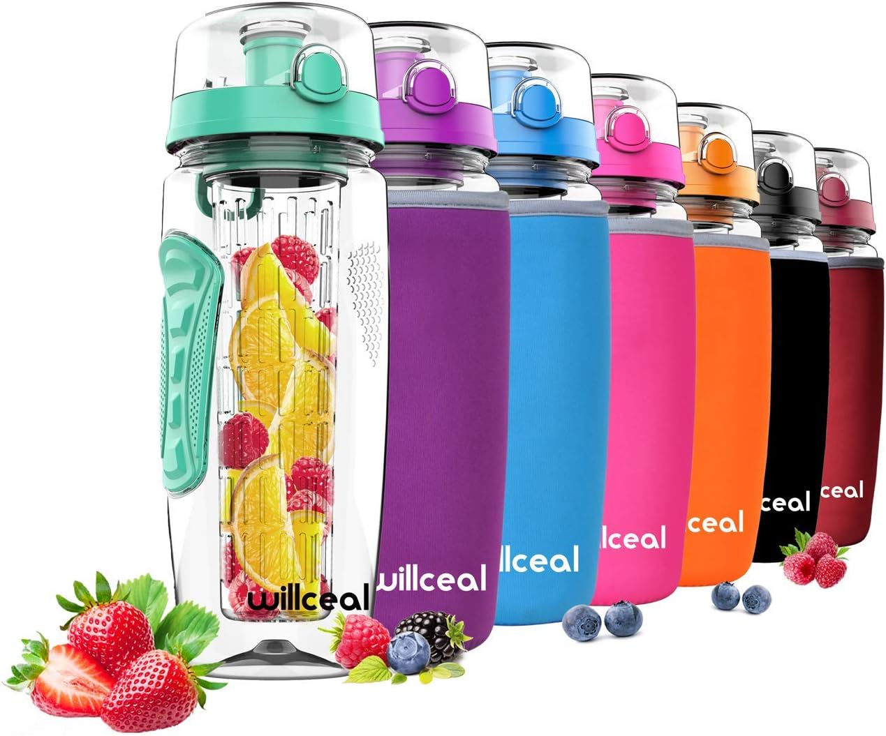 willcealFruit Infuser Water Bottle 32oz Durable, Large - BPA Free Tritan,Flip Lid, Leak Proof Design - Sports, Camping (Mint)