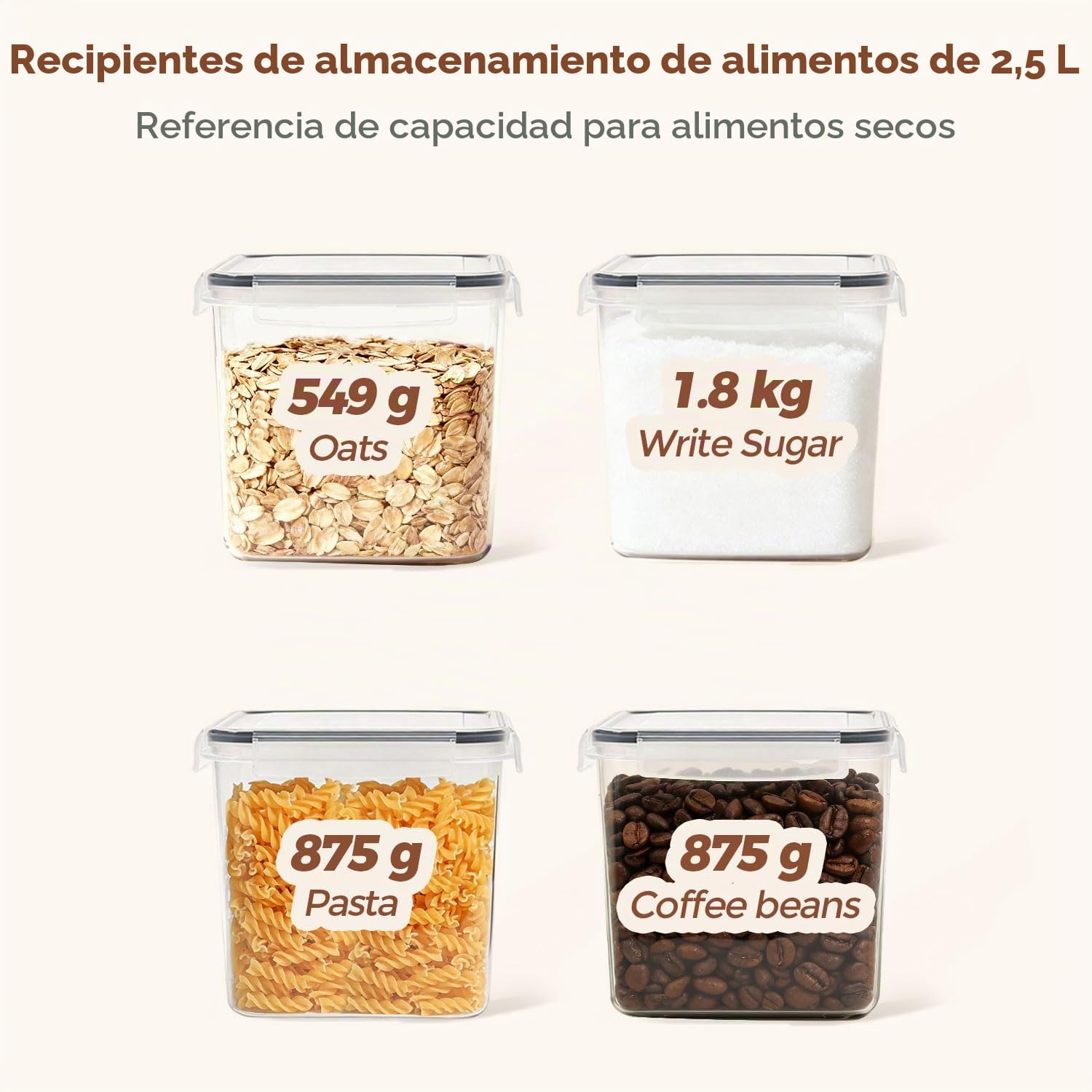 ComSaf Recipientes herméticos para alimentos 2,5 L, pack de 3 | Botes cocina almacenaje, Organizador de despensa, Plástico, Cierre de clip, Harina, Arroz, Muesli