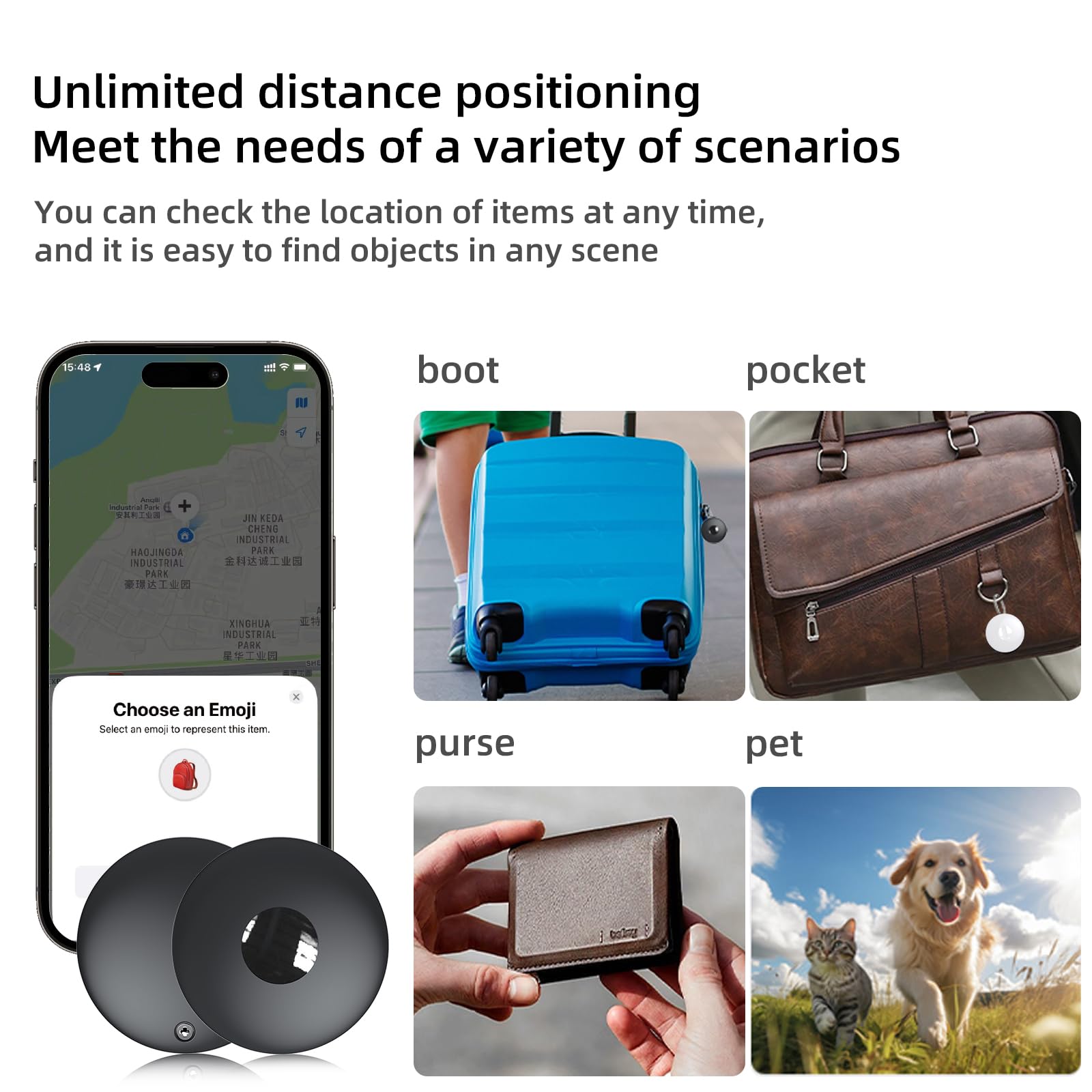 Lot de 2 traqueurs Bluetooth puissants, localisateur de clés et localisateur d'articles pour animal de compagnie, portefeuille, sac à dos, bagages pour chien, compatibles iOS, localisateur de