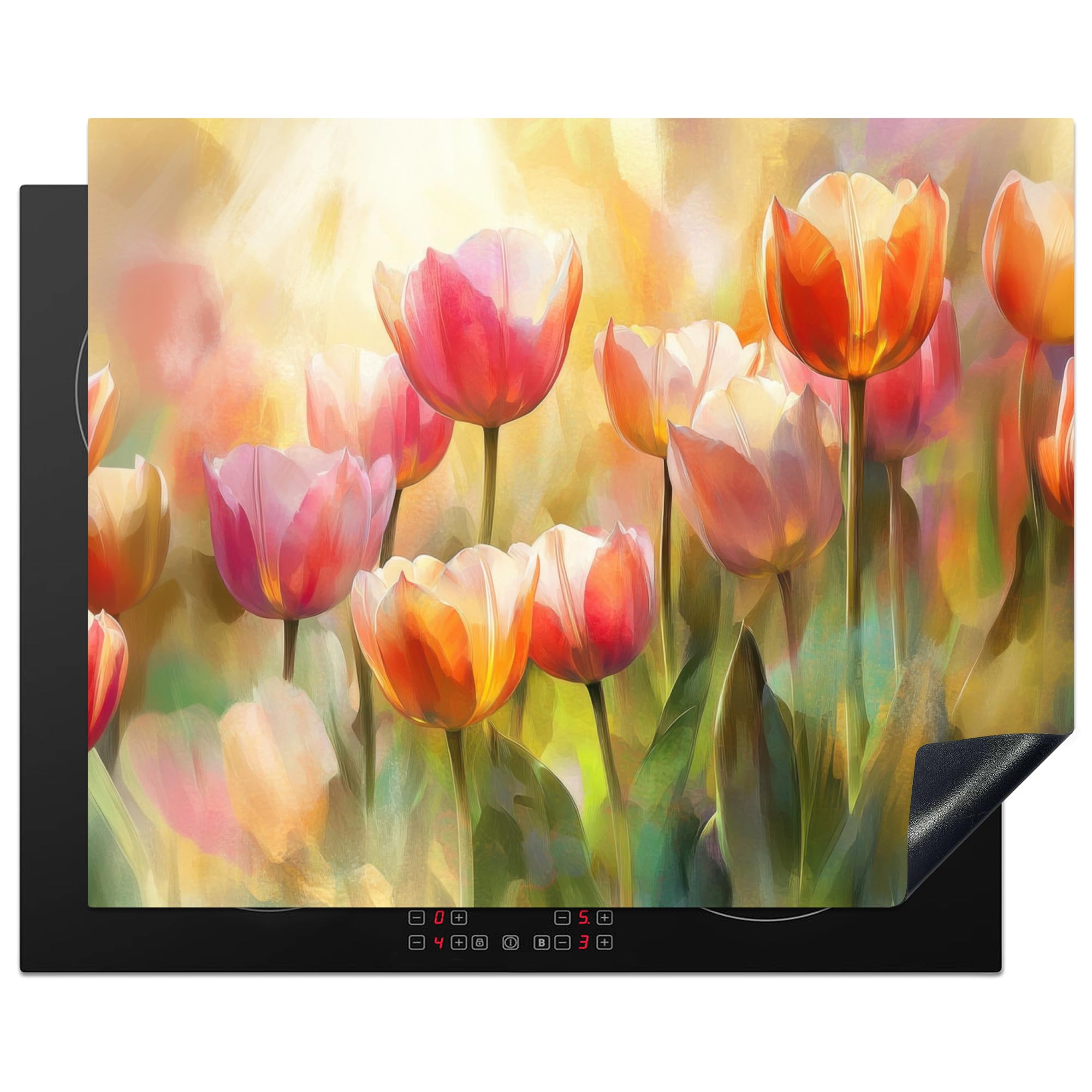 KitchenYeah© Induction Hob Cover Protector Mat 20.5"x25.6" / 65x52 cm Kitchen Universal Ceramic Covers for Electric Cookers Vinyl Tulips - Fairytale - Colourful