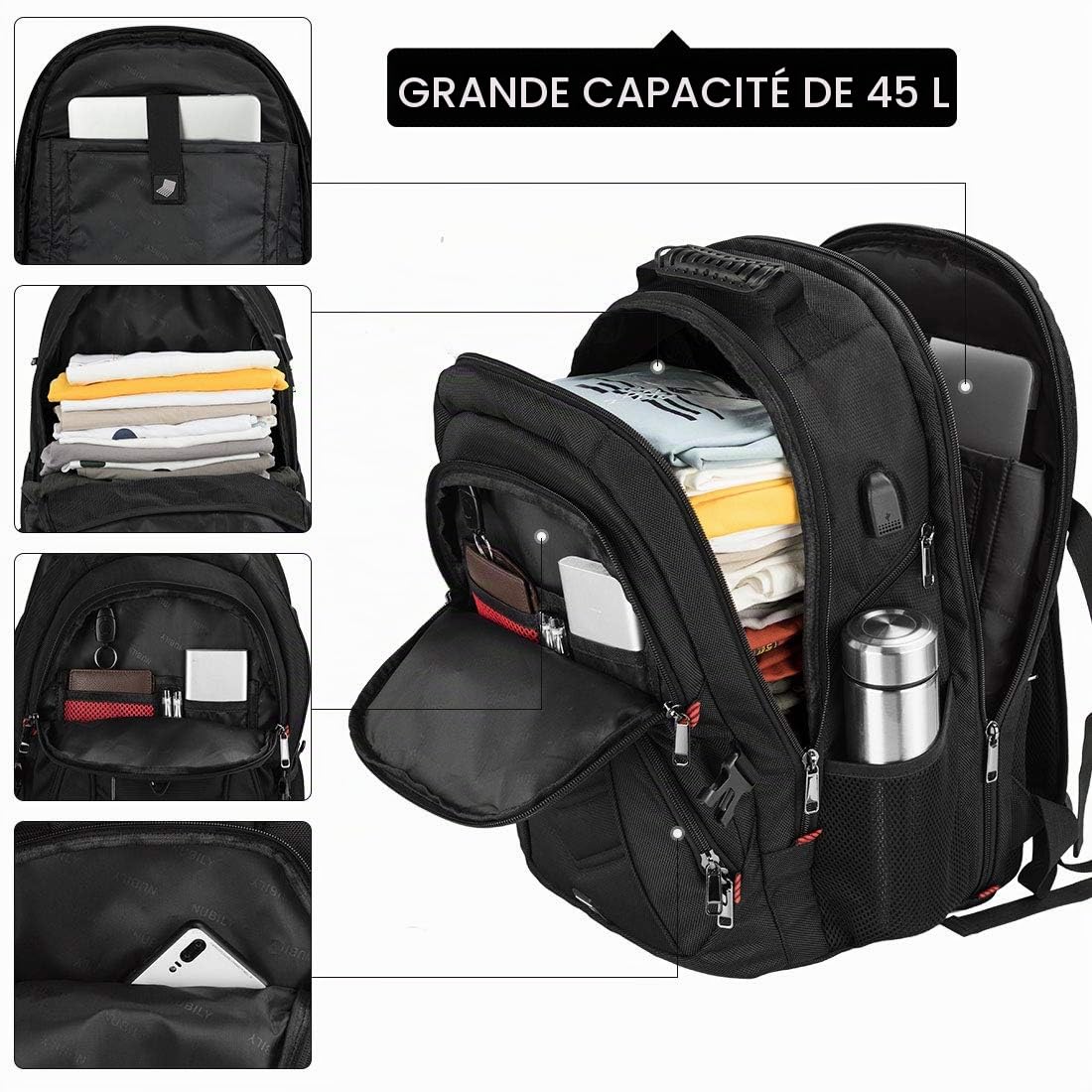 NEWHEY Sac à Dos Ordinateur Homme 17.3 Pouces avec USB Charging Port 45L | Sac a Dos PC Portable Imperméable Sac a Dos College Garcon Grande Capacité pour Affaire Voyage