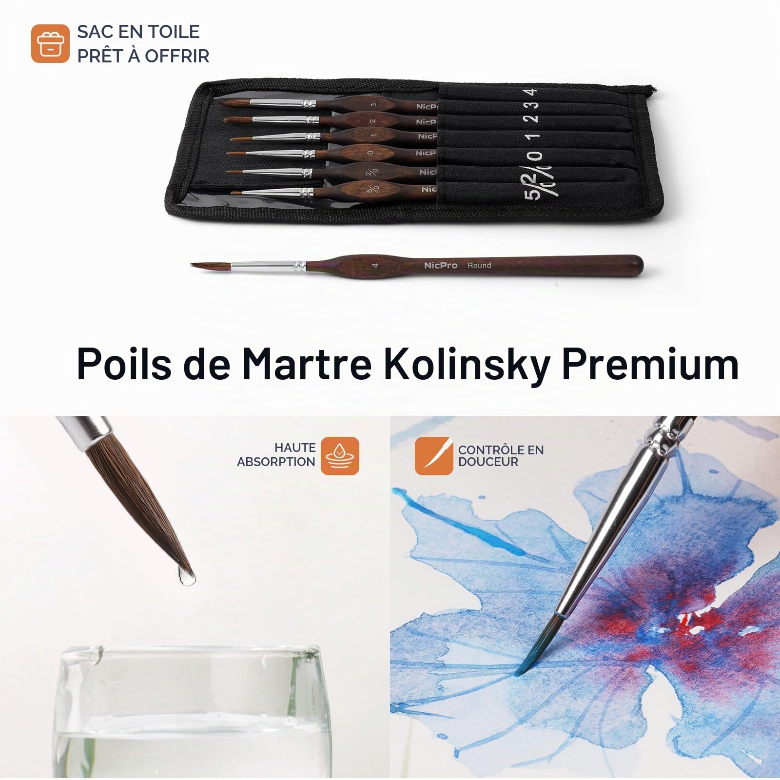 Nicpro 7 Pinceaux Miniatures Poils de Martre Kolinsky, Pinceaux Peinture Professionnels Pointe Ronde avec Étui Tissu pour Acrylique Figurines Modélisme