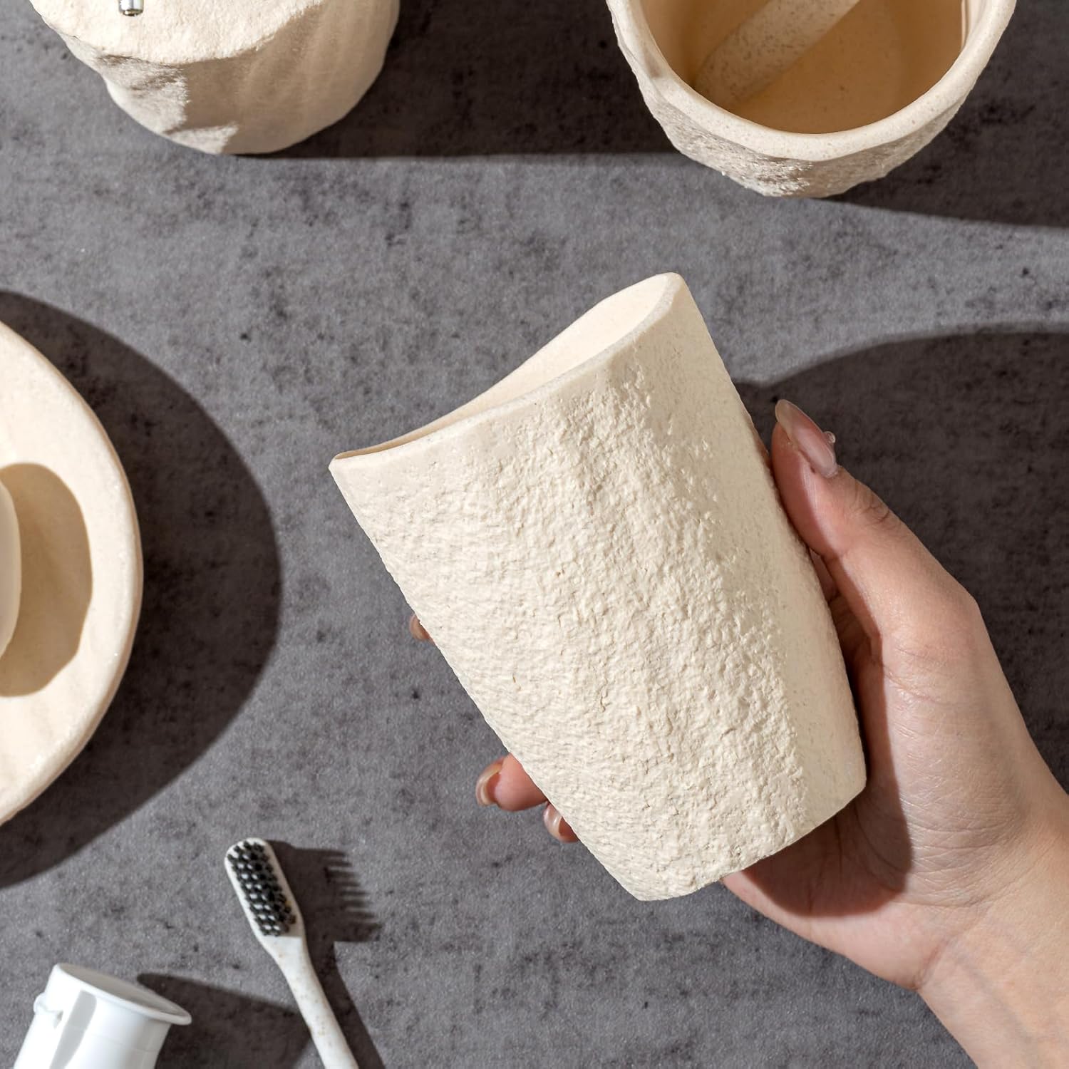 Bathroom Accessories Set, 4 PCS Modern Stone Look Bathroom Accessory Set with Hand Soap Dispenser 11.5 OZ, Tumblers, Toothbrush Holder, Bar Soap Dish Holder Saver (Yellow)