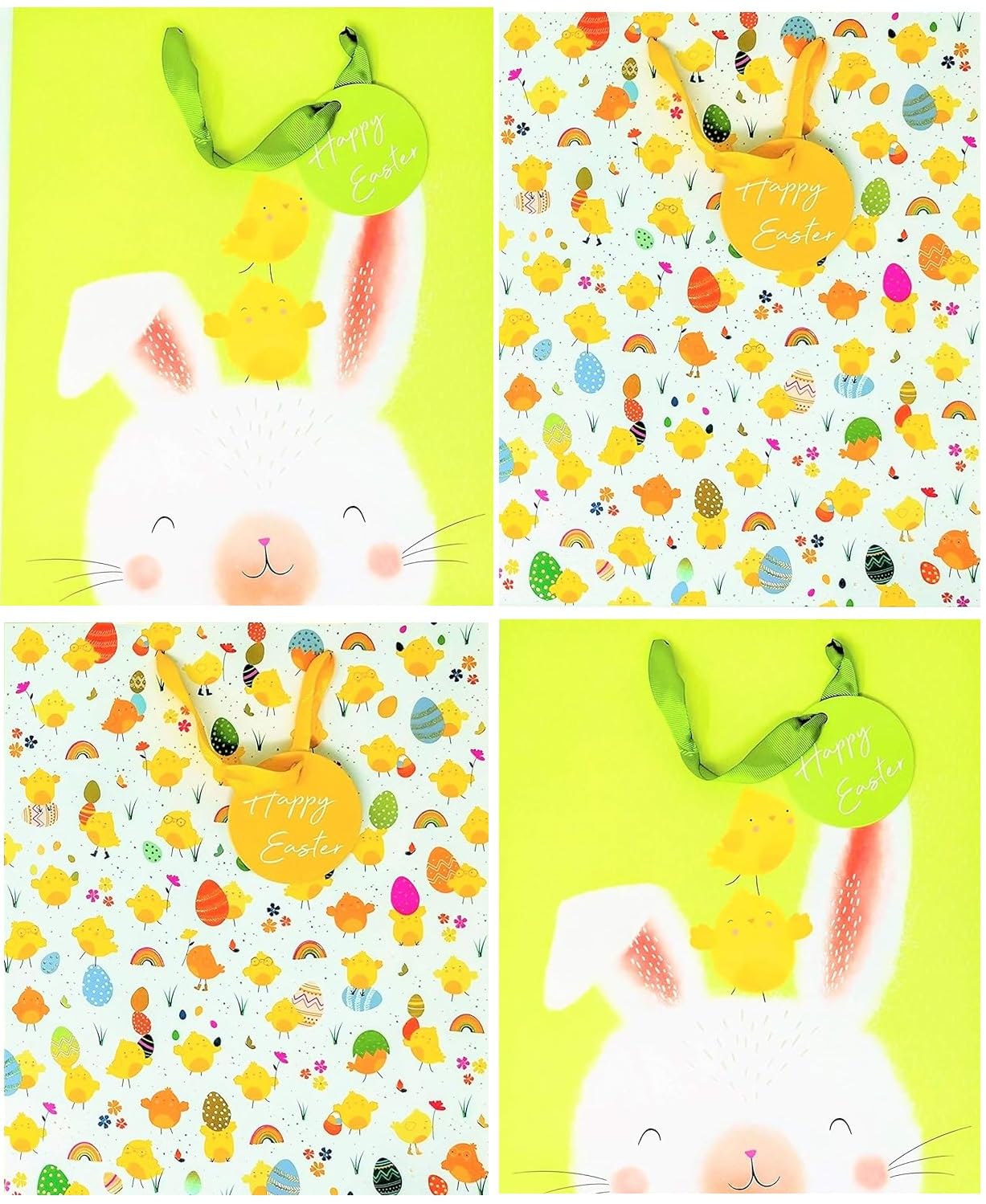 4 Large Luxury Easter Gift Bags – Fun Cartoon Designs | Perfect for "Large" Supermarket Eggs | Size: 32 x 26 x 12 cm