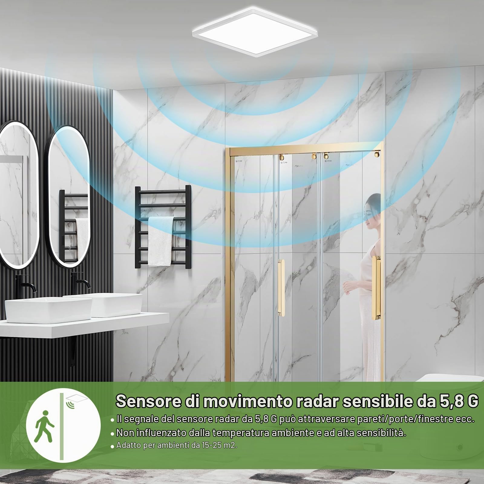 LEZOE Plafoniera LED con rilevatore di movimento, LED Radar lampada Sesor 24W 2400LM dimmerabile, sensore 3000K/4000K/6500K IP54 per bagno, garage, scale, cantina, corridoio, balcone 30x30x2,5 cm