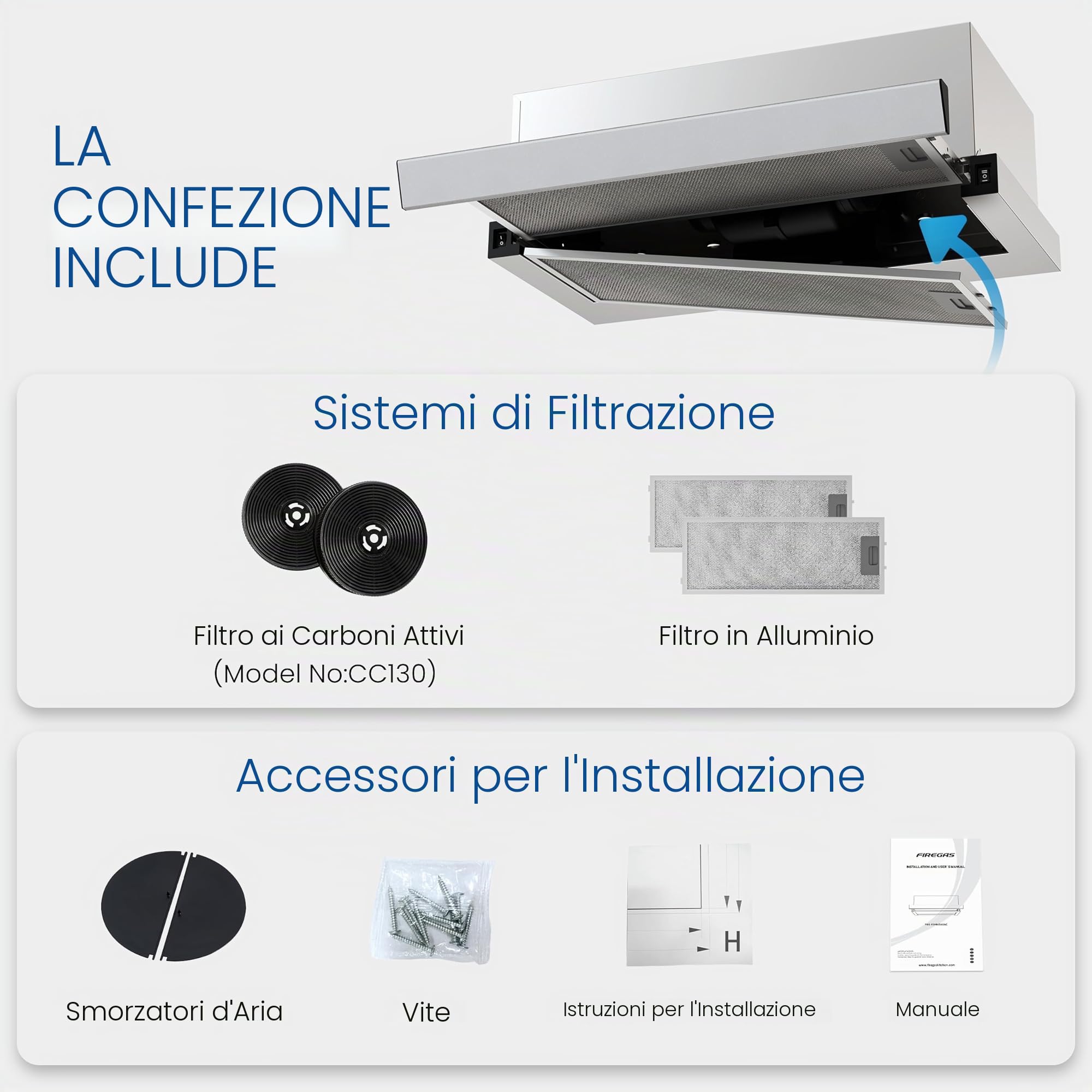 FIREGAS Cappa Aspirante Telescopica 60 cm, 400 m³/h, 2 Velocità, Classe Energetica A++, con motore senza spazzole, silenziosa, cappa da cucina con filtri a carbone attivo, acciaio inossidabile