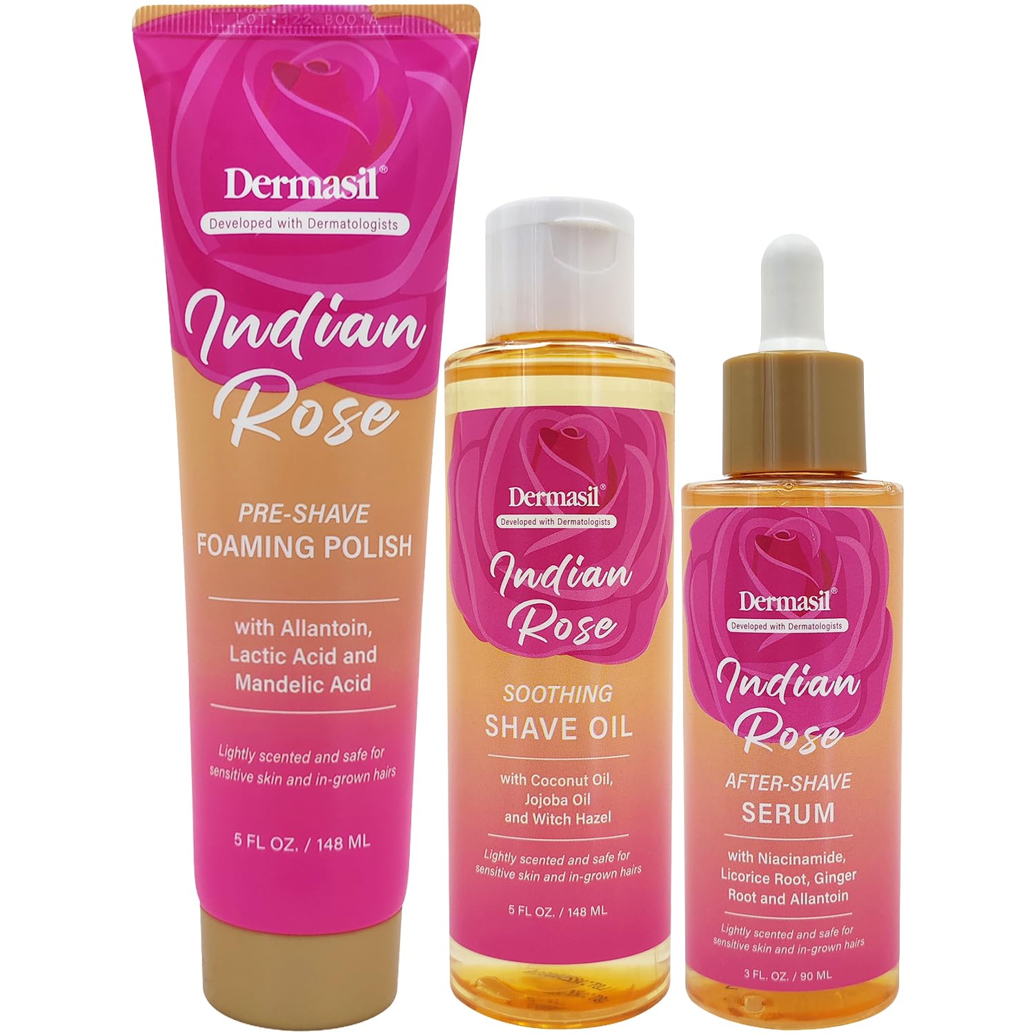 Dermasil Indian Rose Shave Care Set for Women & Teens – Pre-Shave Foaming Polish, Soothing Shave Oil & Toning After-Shave Serum with Vitamins & Botanicals