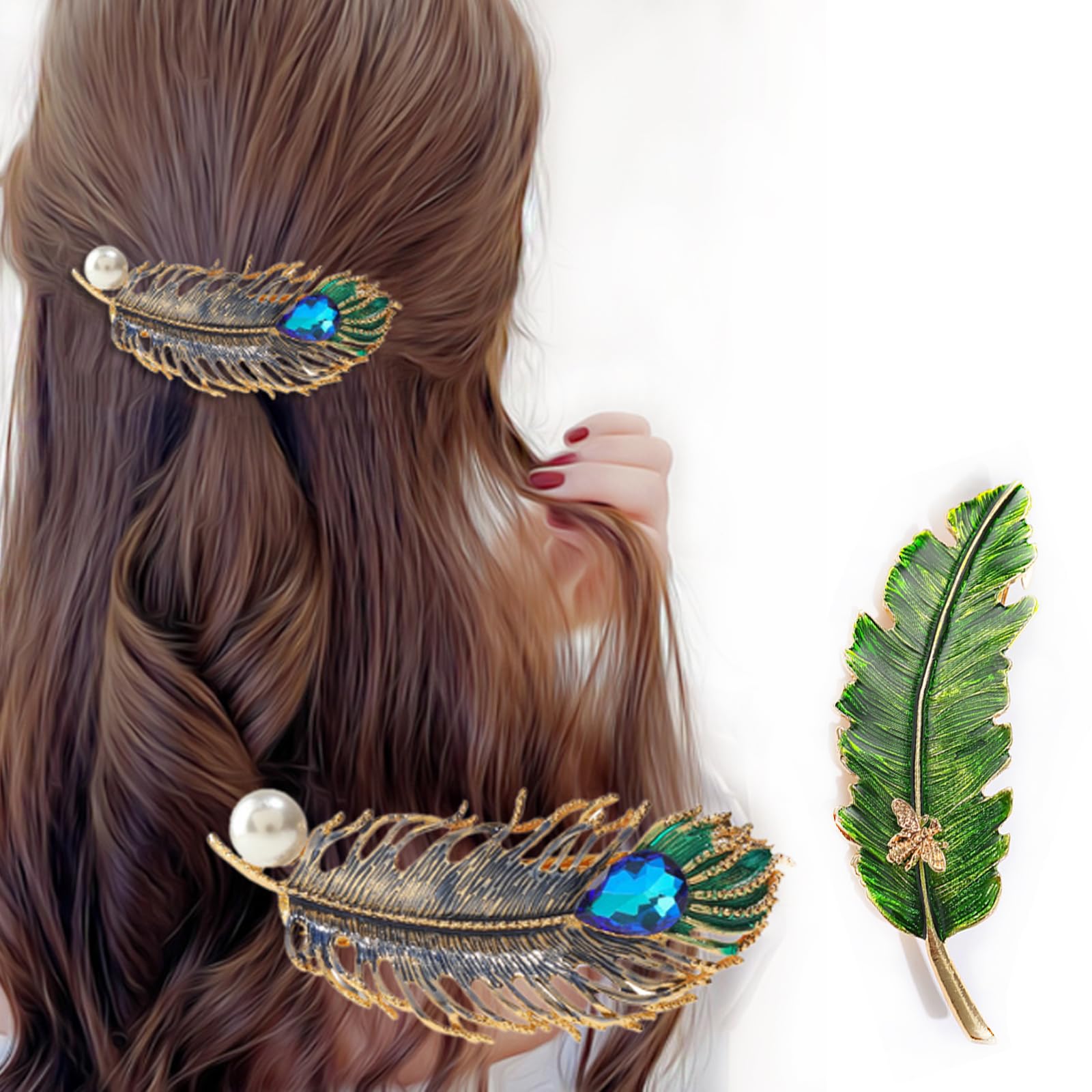2pcs Pretty Metal Hair Clips Feather & Leaf Shaped Hair Barrettes Rhinestone Spring Clips Medium Sized Hair Accessories for Girls Women
