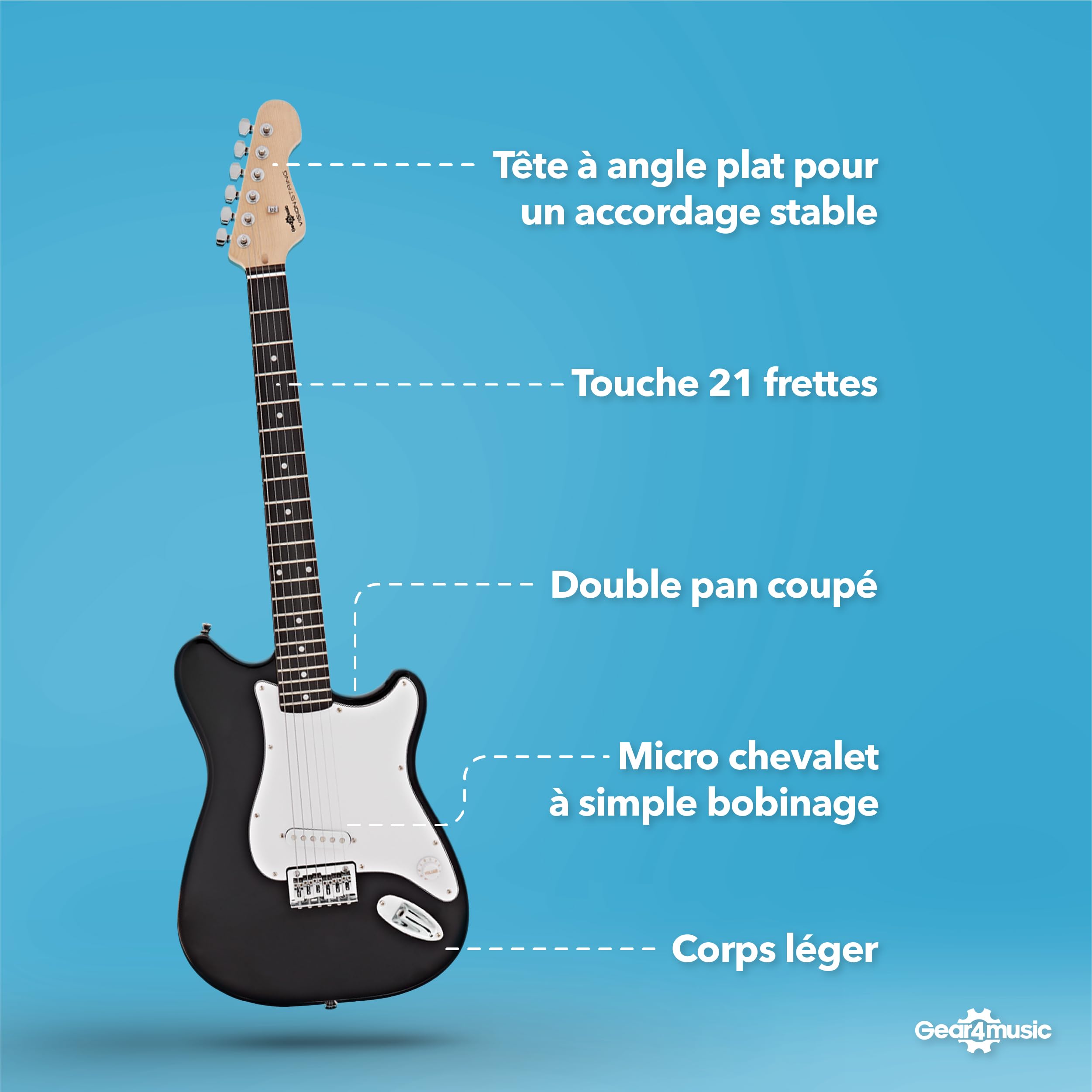 VISIONSTRING Kit Guitare Électrique 3/4 avec Ampli 10W, Accessoires - Noir | Pour Enfants et Débutants, Manche en C, Double Pan Coupé pour Accès Complet, Ampli 10W, Housse, Sangle, Médiators, Accordeur