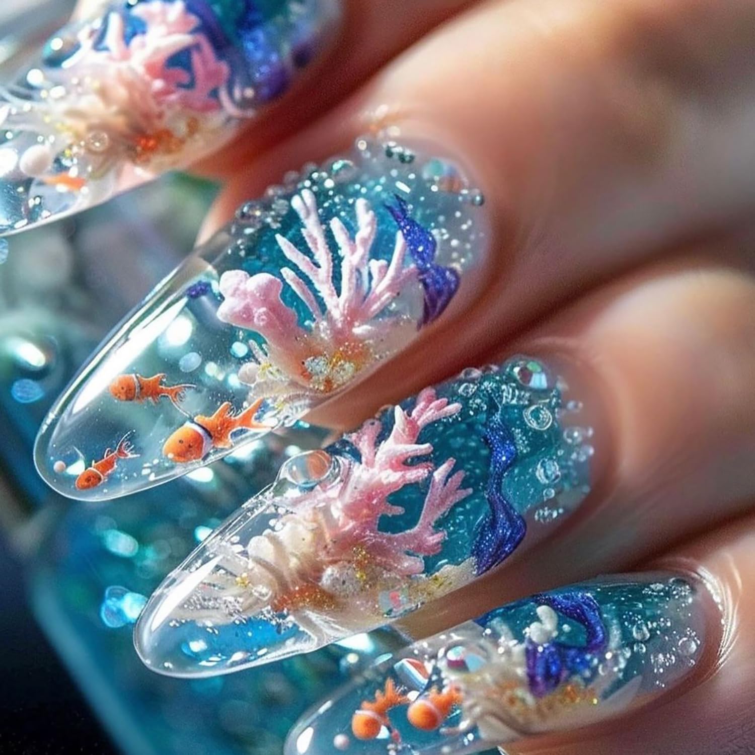 CJDLTS Marine Life Press on Nails Almond Long Length Fish Seaweed Pattern Design Press Artificial Stick on Nails Full Covre Glossy Acrylic False Nail