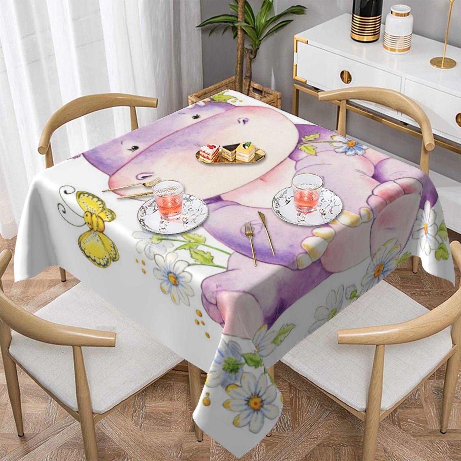 DCEHGEW Butterfly and hippo Prints Square Tablecloth 152x152 CM, Waterproof Fabric Table Cloth for Dining Table, Farmhouse Table Cover for Kitchen Dining Tabletop Decoration