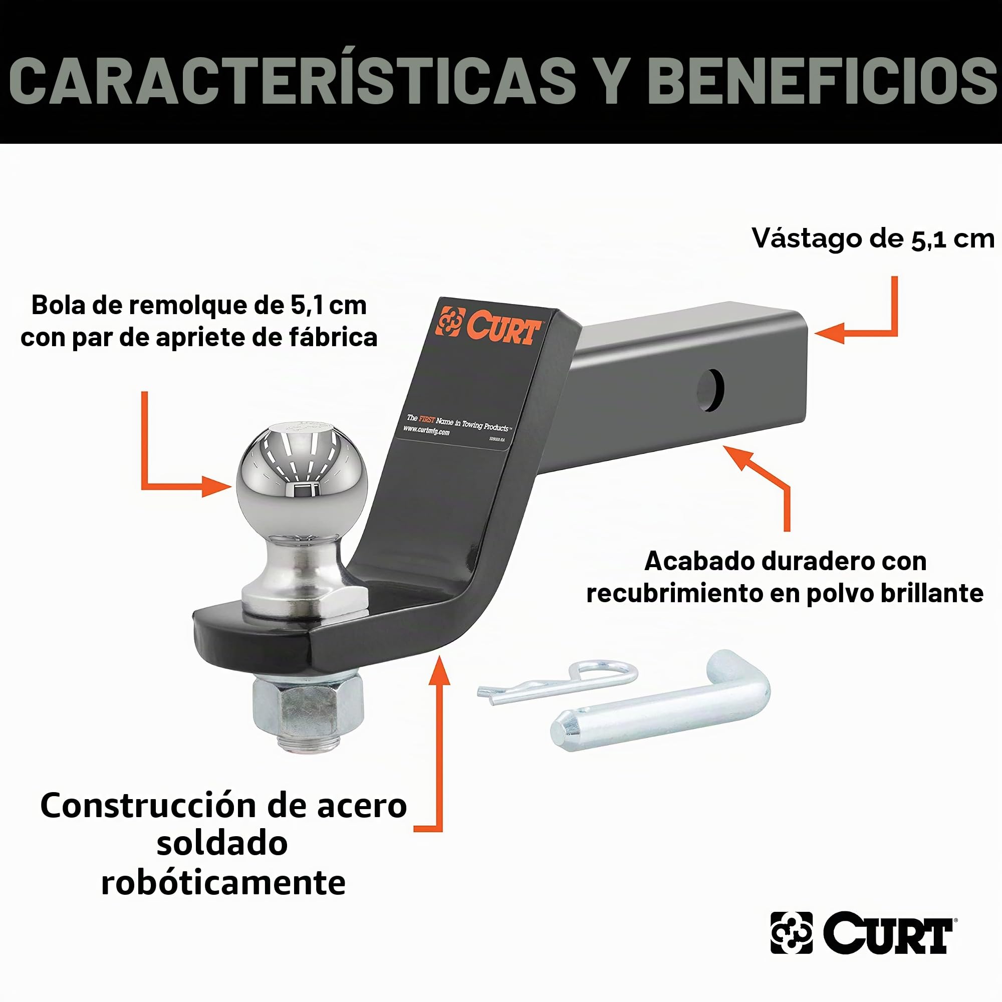 Curt 45056 - Soporte de Enganche de Remolque con Bola y Pin de 2 Pulgadas, se Adapta a Receptor de 2 Pulgadas, 7 Libras, caída de 4 Pulgadas