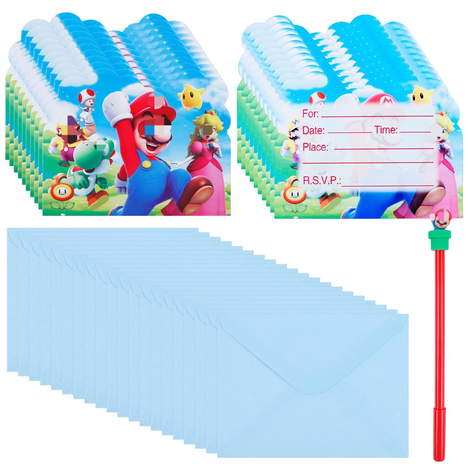 20PCS Ma-ri Party Invitations Kids+ 1Pcs Kawaii Gel Pen, Cartoon Birthday Invitations,Kids Party Invites with 20 Envelopes,Invite Cards Birthday Supplies Double Sided Invites Cards for Boys Girls