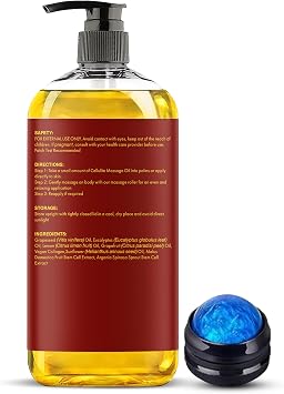 Majestic Pure Cellulite Massage Oil 236 ml | Skin Tightening & Firming Massage Oil, Includes Massage Roller, for Thighs & Buttocks