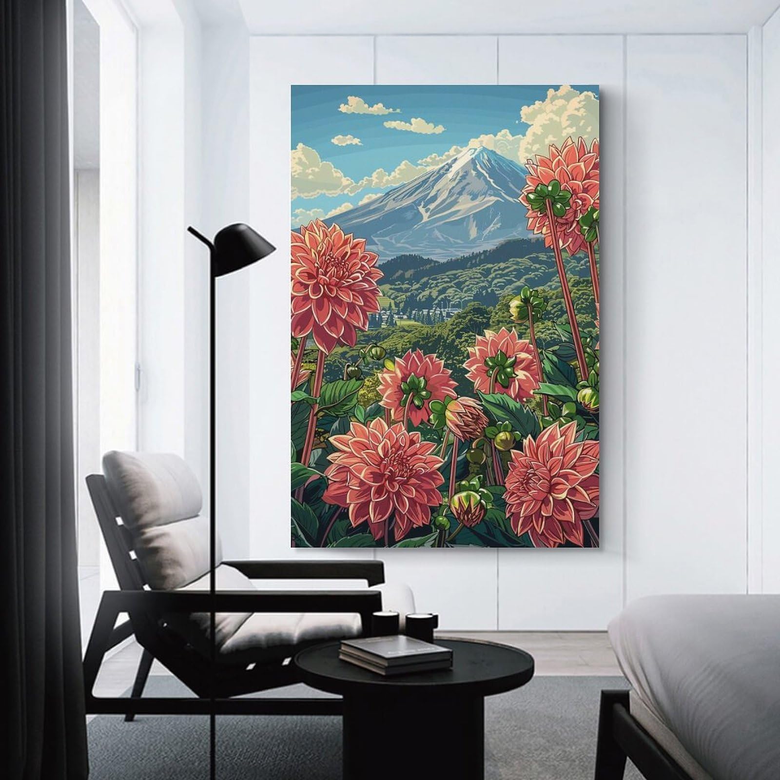 Junmoney Wall Art Print Mount Fuji & Dahlias, 20x30inch(50x75cm), for Living Room, Bedroom Or Home Office, Thoughtful Wall Decor for Art Lovers