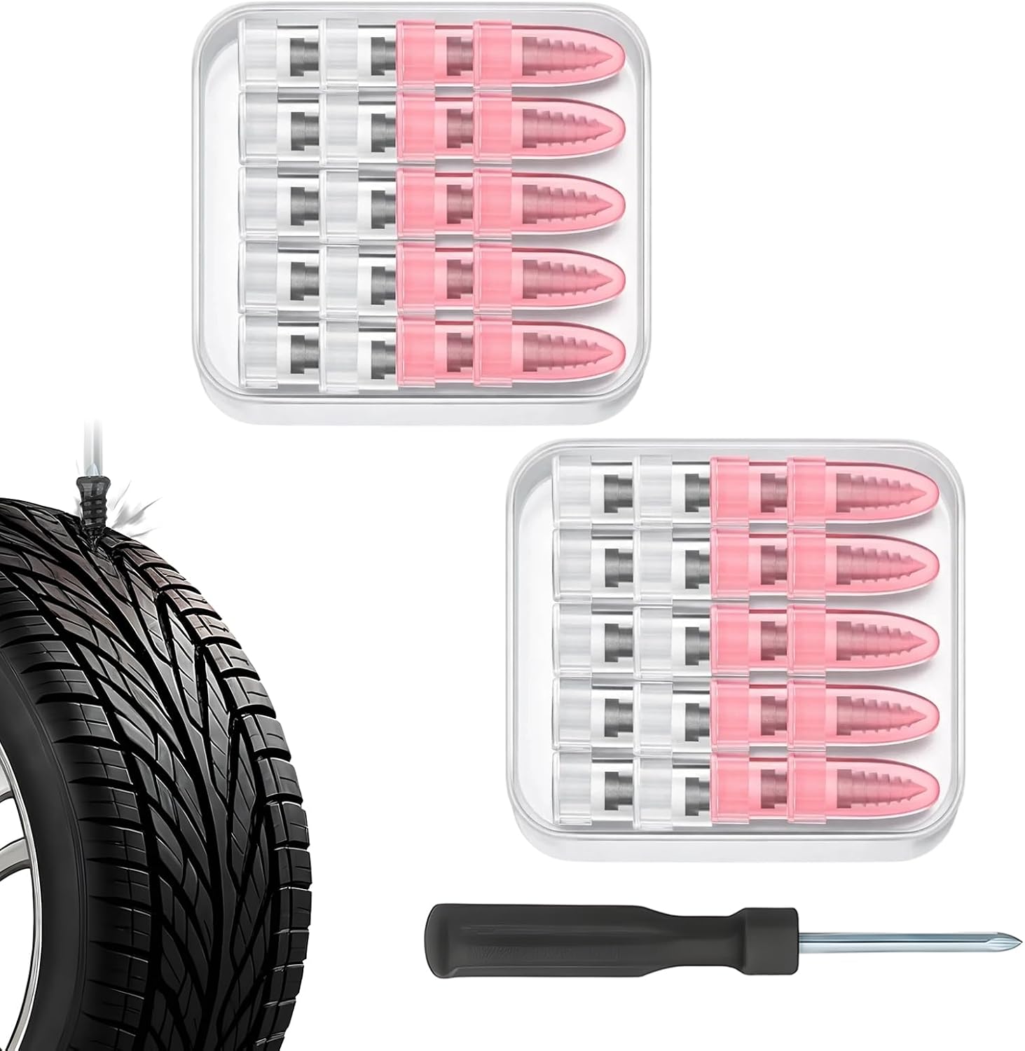 40 PCS Screw in Tire Plugs, Tire Repair Rubber Nail Kit (10 Large & 10 Small), Includes Accessories for Quick Tire Repair, Emergency Roadside Fix for Car and Motorcycle