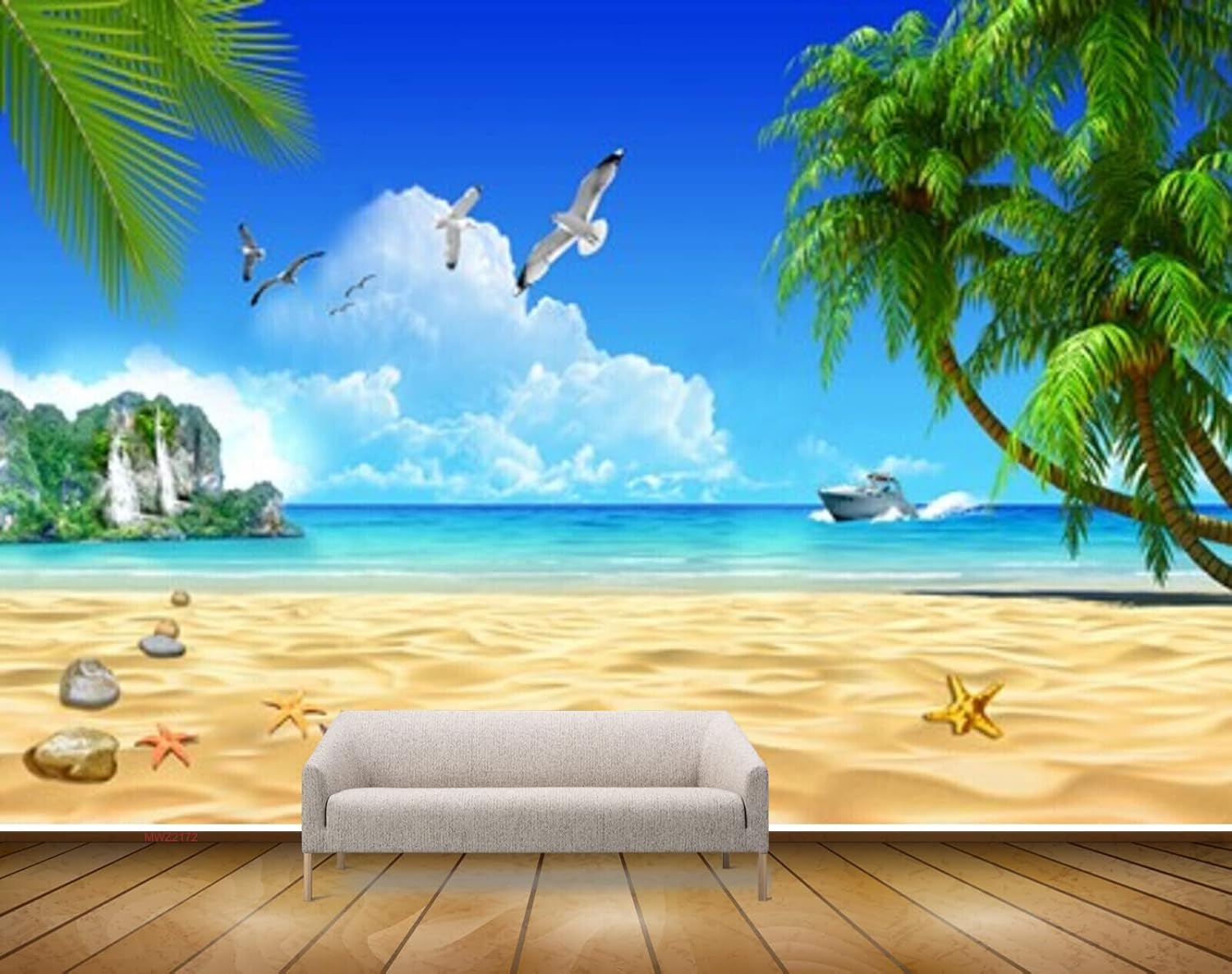 MWZ2172 Beach Trees Birdses Stones Boat Clouds Sea Mountain Sand Water Ocean Island HD 3D Wallpaper for Bedroom, Hall[5 ft x 4 ft] / [152 cm x 122 cm]