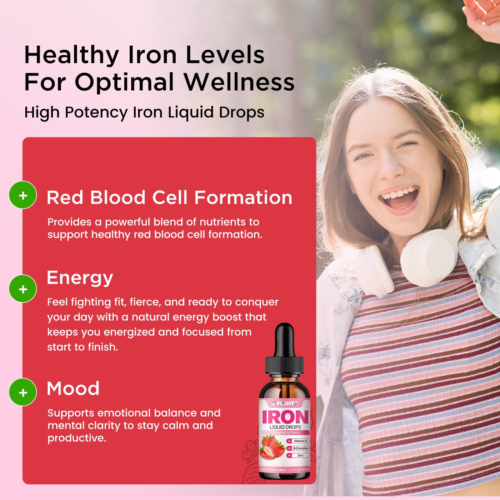 Liquid Iron Supplement for Women Men & Kids Multivitamin Iron Drops with Folate, Vitamin C, B6, B12, Zinc for Anemia, Iron Deficiency, Blood Builder, Energy - Natural Strawberry Flavor, Vegan 2 Fl Oz — Amazon image 4