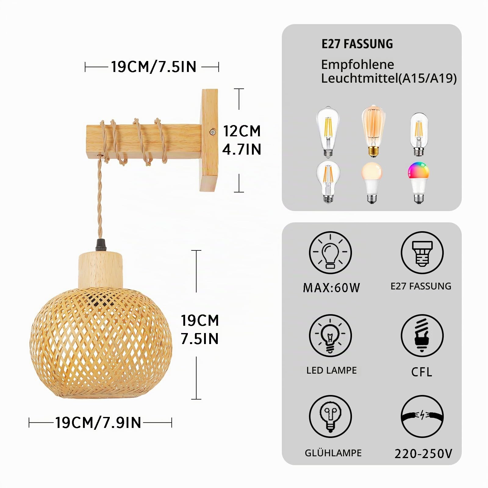 Wandleuchte Innen Boho Vintage Bambuslaterne Lampe,E27 Nylon-Seil Bambus Und Massiv Holz Wandlampe Innen Kreativ Handgewebt Boho Lampe FüR Wohnzimmer Schlafzimmer Esszimmer