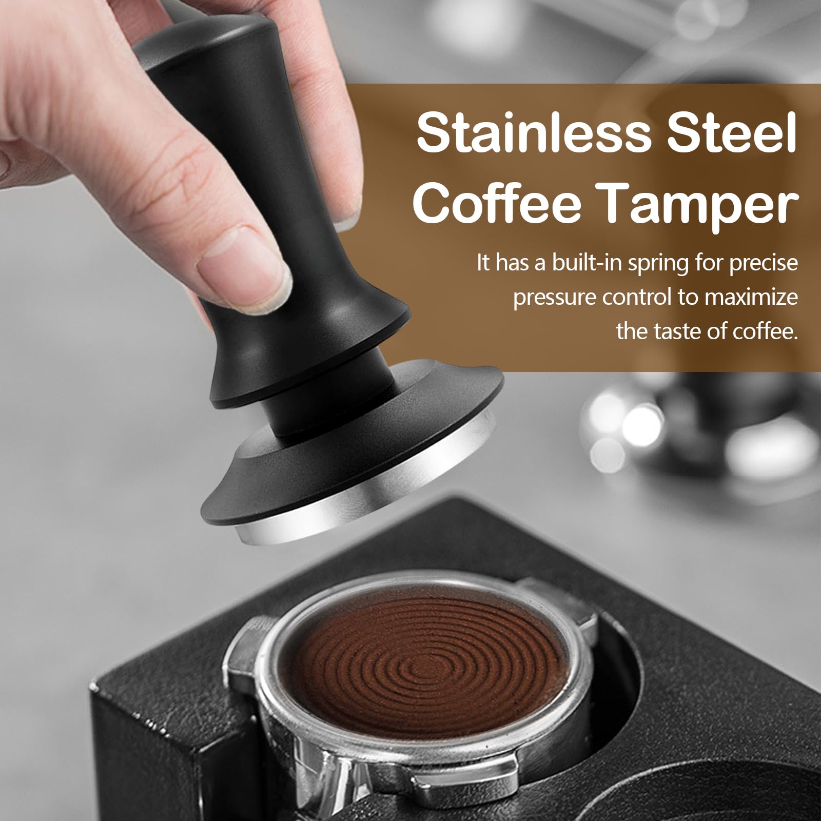 Set di 6 tamper per caffè, in acciaio inox da 51 mm, per macchine portafiltro, accessori barista con anello dosatore, distributore di caffè, tappetino antiscivolo e base per tamper