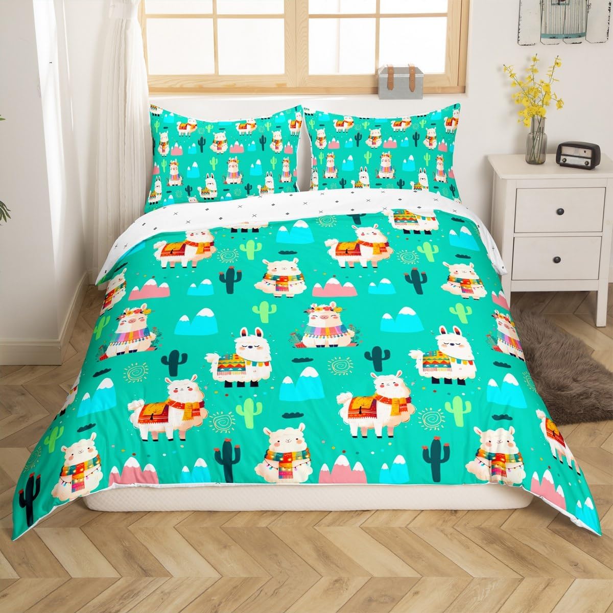 Erosebridal Kawaii Sheep Duvet Cover Toddler Size, Kids Cartoon Cactus Microfiber Bedding Sets No Comforter for Kids Boys Girls, Cute Animals Print Bed Cover for Bedroom, Green Blue Hills Bedroom Set