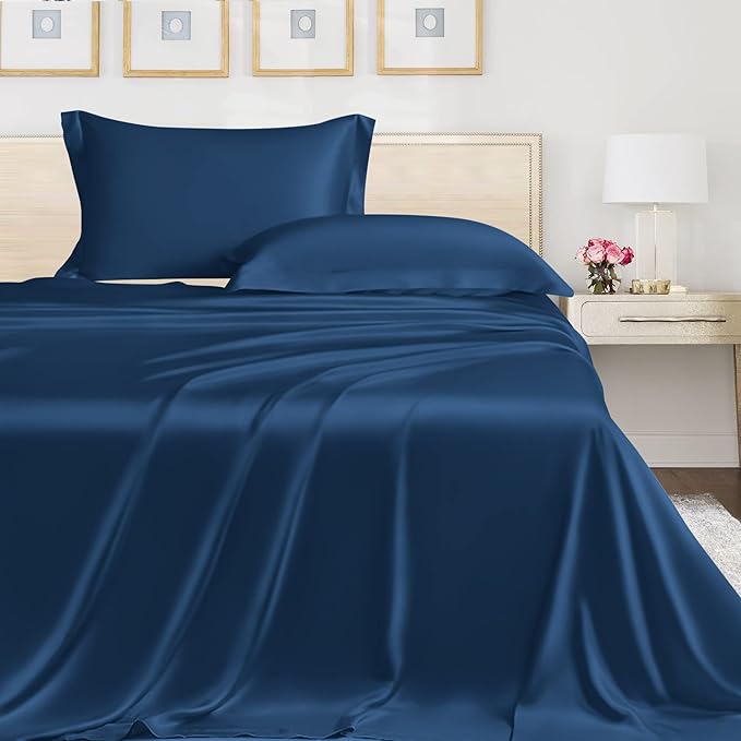 LINENWALAS 100% Vegan Bamboo Silk Bedsheet Set, Natural Soft and Light-Weight, Best for Hair and Delicate Skin with Pillow Cover, Breathable,(Double, Navy Blue)