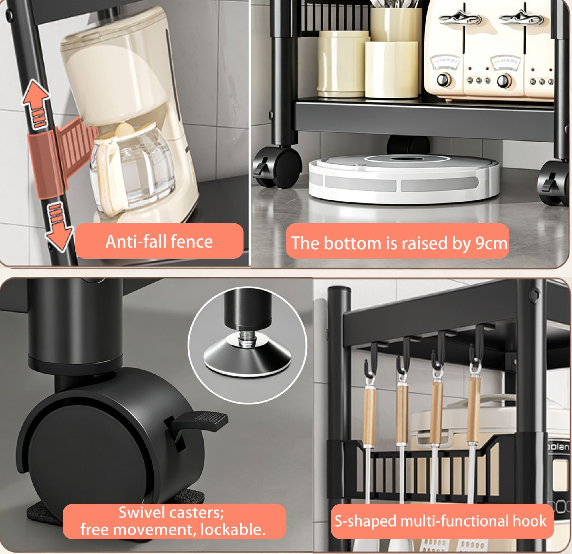 Adjuble - Carrello multiuso a 3/4/5 ripiani, in acciaio, con ripiani per cucina ed elettrodomestici, design salvaspazio (45 x 40 x 80 cm), versatile per casa e ufficio