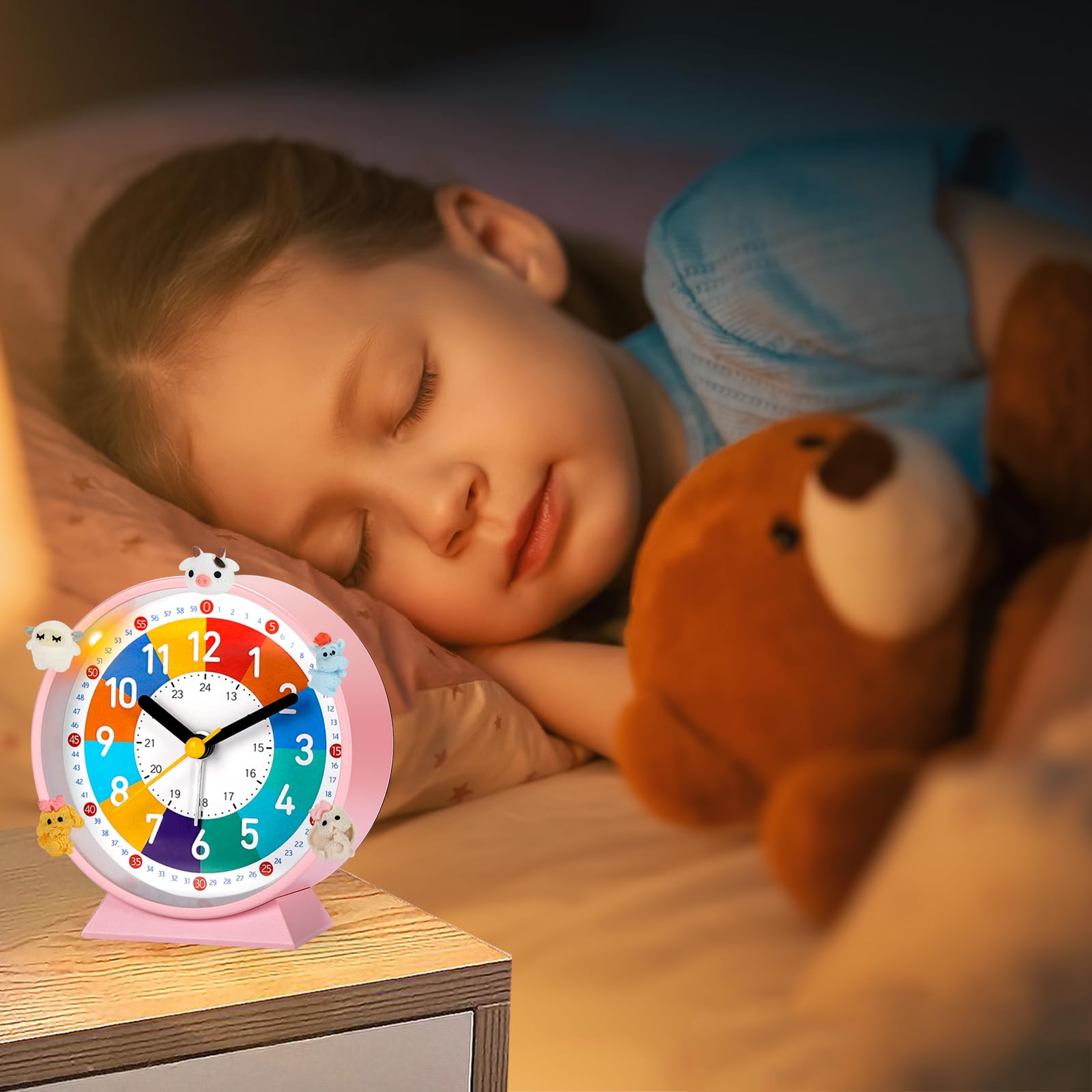 Budzik dla dzieci, na początek szkoły, bez tykania, z lampką nocną i funkcją drzemki, z 5 dekoracjami, nadaje się do nauki, budzenia snu C