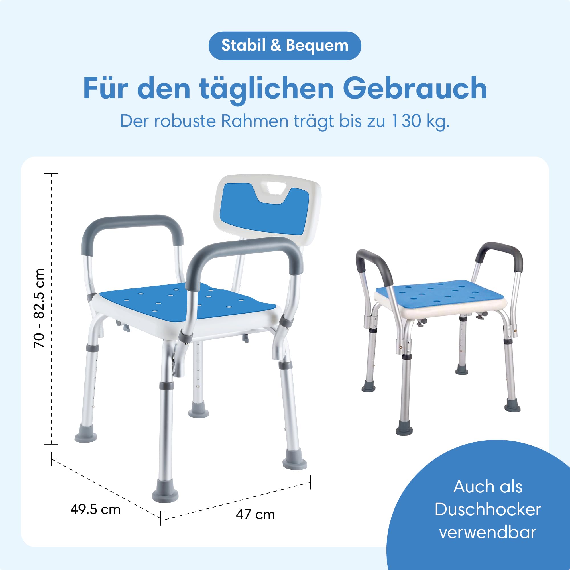 Safe Age® Duschstuhl mit Abnehmbarer Rückenlehne und Armlehne - rutschfest - höhenverstellbar - Duschstuhl für senioren
