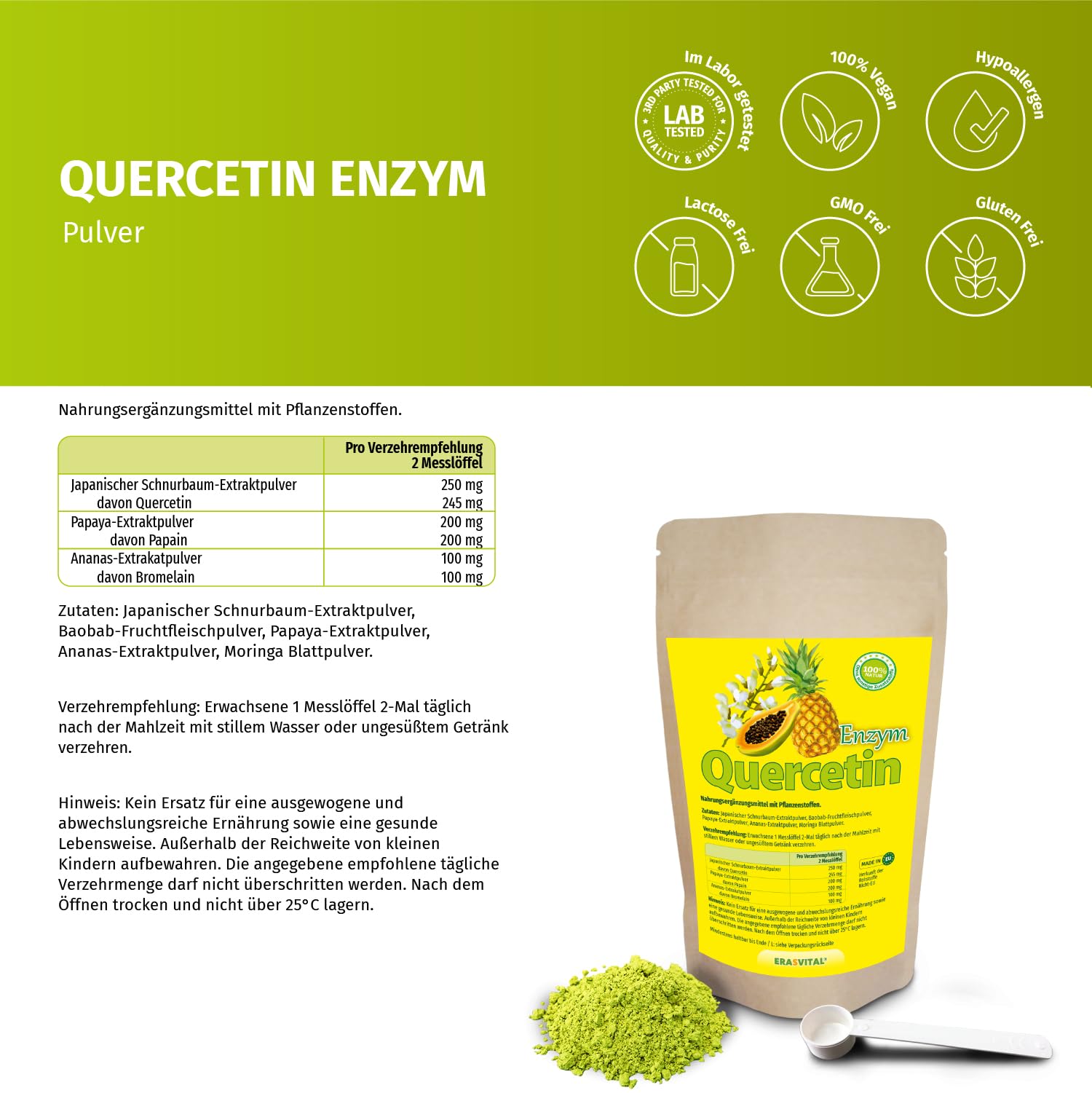 Quercetin Enzym 250g Pulver mit wichtigen Begleitern - Papain, Baobab Fruchtpulver, Bromelain, Moringa Oleifera Blattpulver. Vegan (250 g (1er Pack))