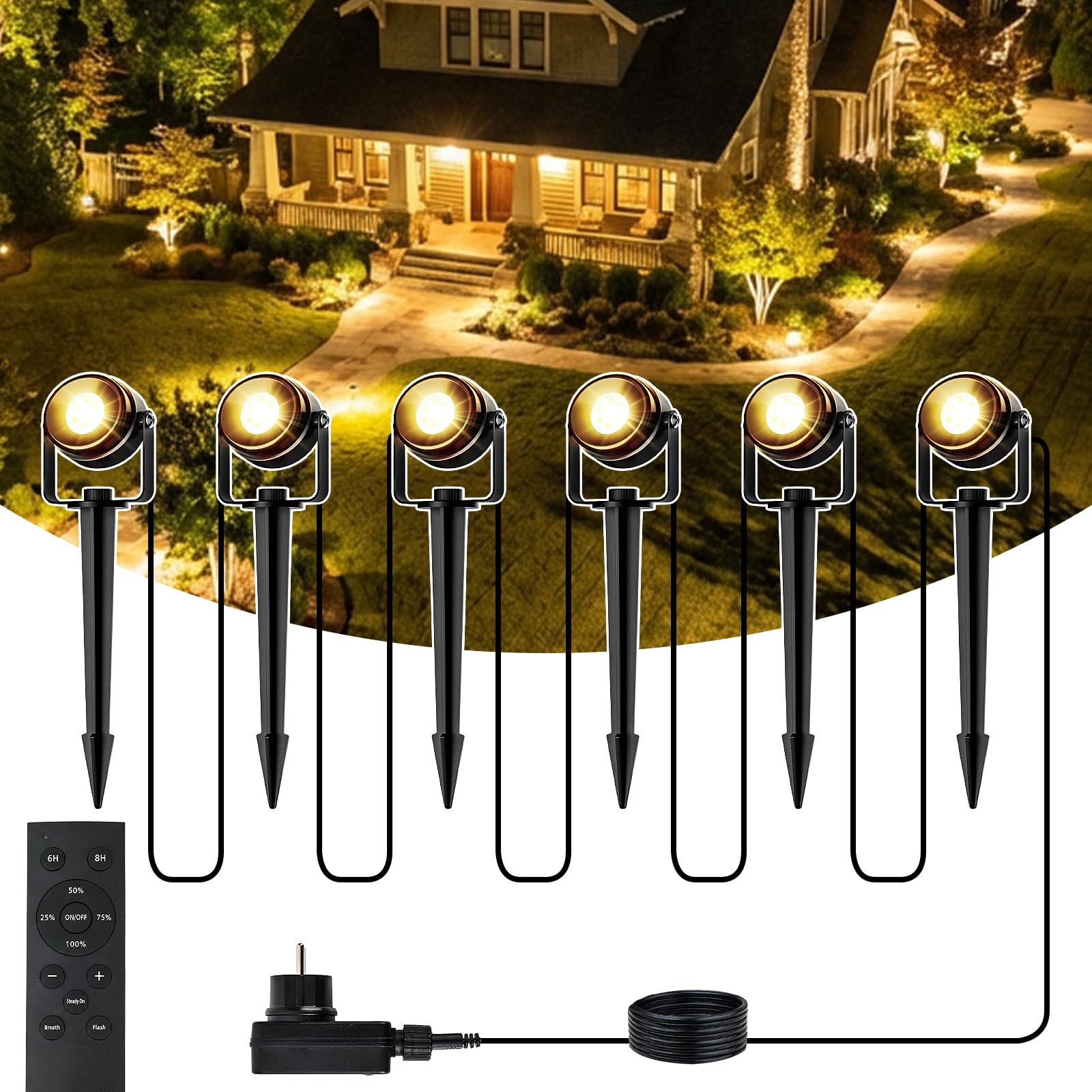 MAGGIFT Spotlight LED Gartenbeleuchtung mit Strom mit Fernbedienung/Timer/3 Lichtmodi,20M/6er Set Strahler Außen 3000K,Wasserdicht IP67 Gartenstrahler Led Außen,12W 24V Gartenlampen für Draußen