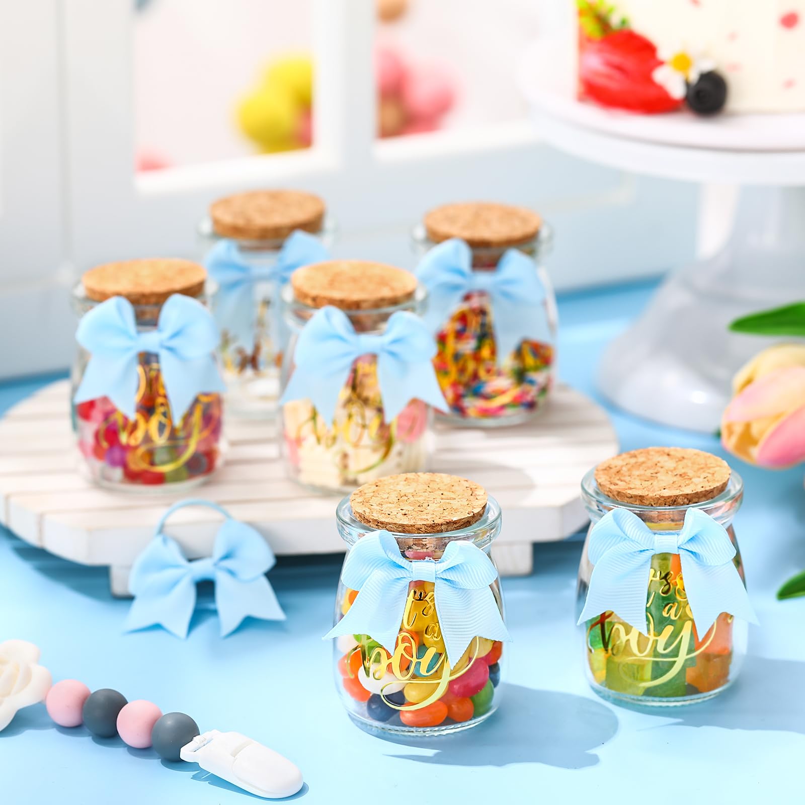Funnymoom Glasflaschen für Babypartys, 100 ml, Milchglas mit Bändern und Aufklebern, Dekorationen für das Geschlecht, für Neugeborene, Partygeschenk, Blau, 24 Sets