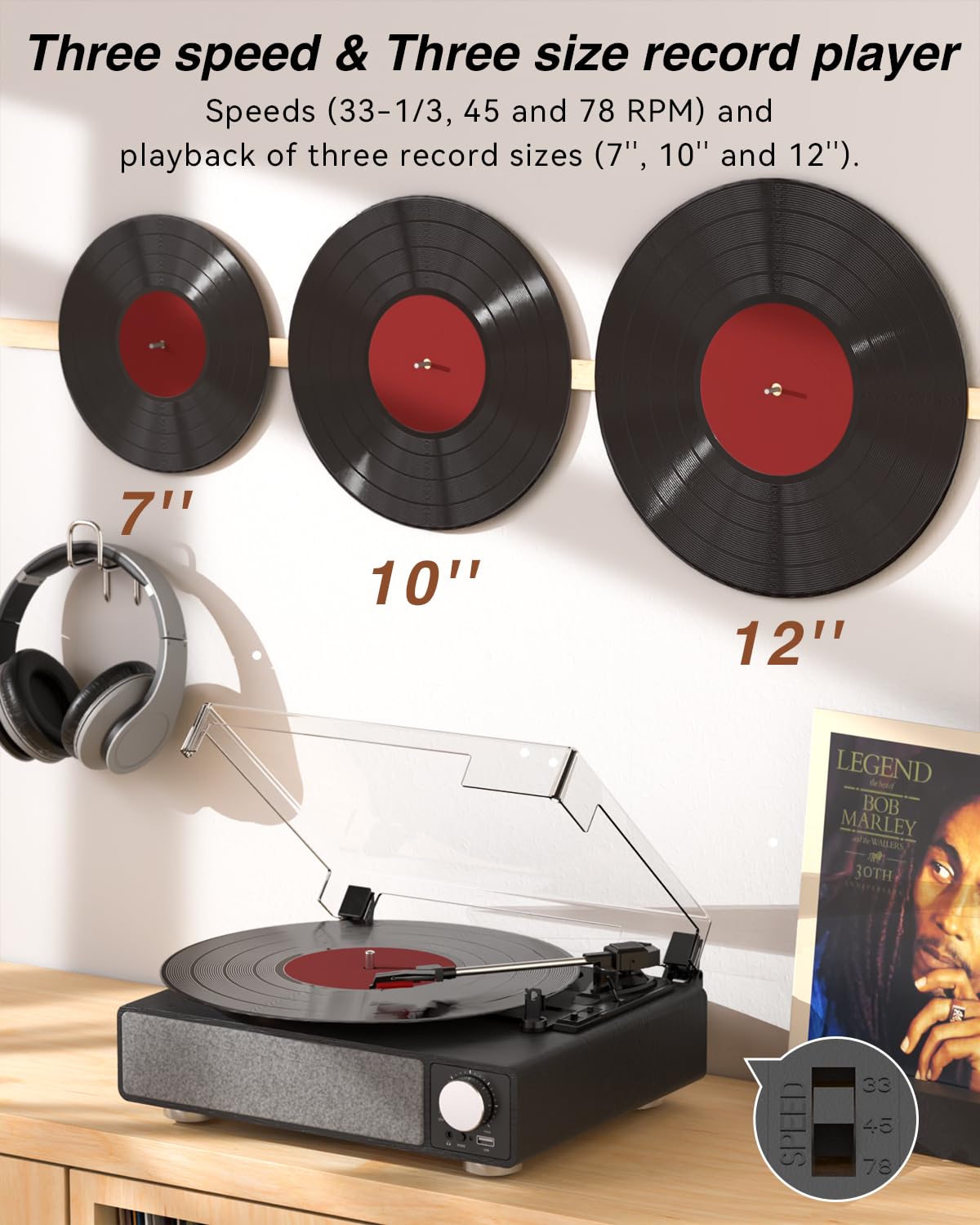 Giradischi in vinile con altoparlanti, giradischi MONODEAL a 3 velocità per dischi in vinile con trasmettitore Bluetooth, arresto automatico, uscita RCA, USB/jack per cuffie, design vintage in legno