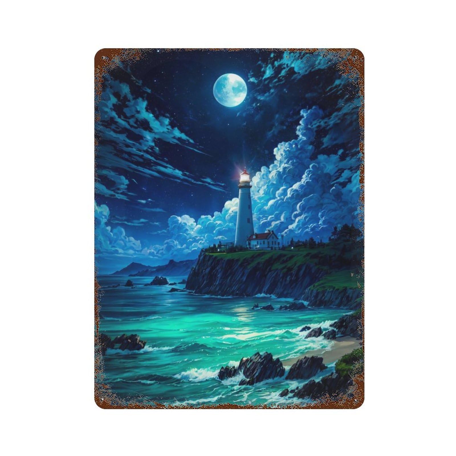 Aged Metal Wall Plaque with Lighthouse Fantasy Beach Design 15.7"x11.8", for Farmhouse, Kitchen And Entryway Decor, Retro Wall Decor