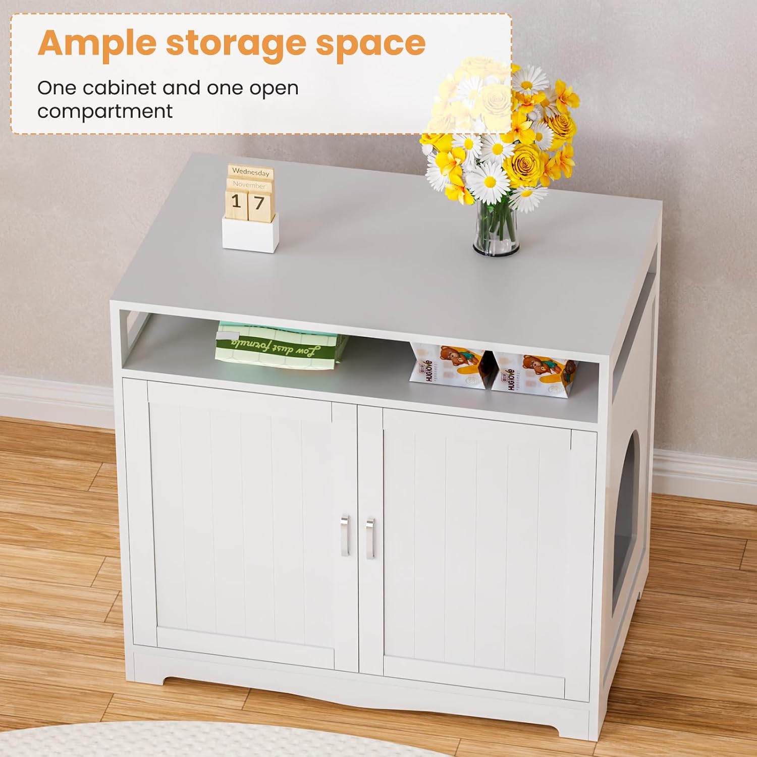 Cat Litter Box Enclosure, Hidden Litter Box Furniture with Built-in Power Outlet, Indoor Cat House, Cat Washroom Furniture, End Side Table for Hallway & Bedroom