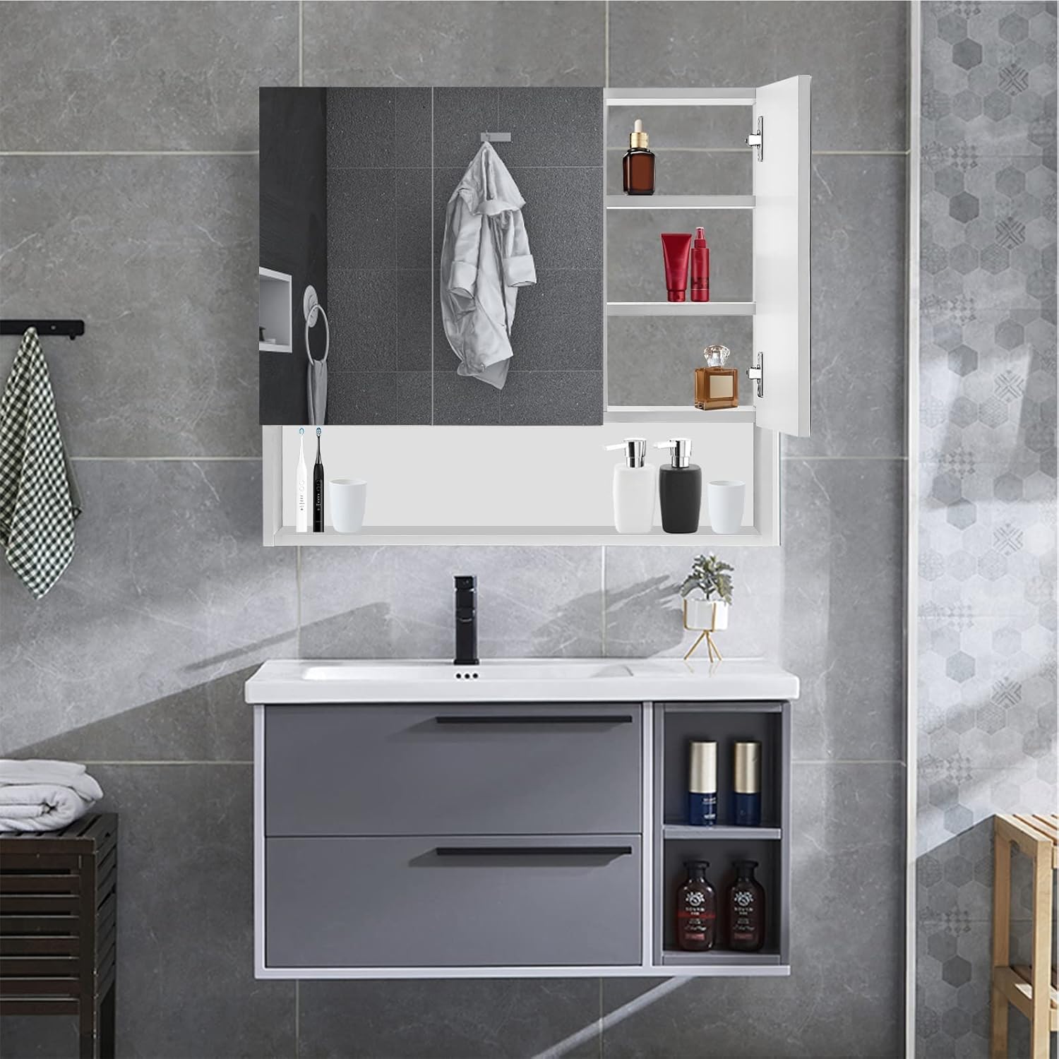 CLIPOP Armarios con Espejo para Baño, Montado en la Pared, 3 Puertas Armario de Baño con Estante Abierto y Estantes Ajustables, Armarios con Espejo for Dormitorio, Sala de Estar