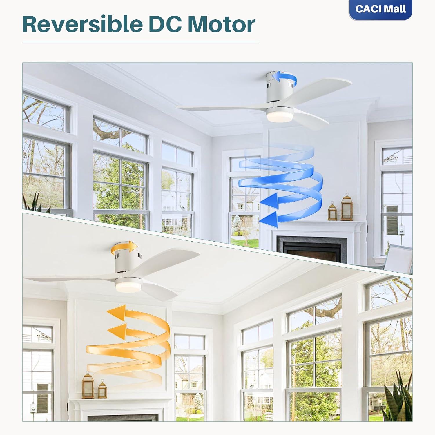 CACI Mall 52 Inch White Smart Low Profile Ceiling Fans with Lights Remote, Flush Mount Wood 3 Blades, Modern, Compatible with Alexa/Google/App, Outdoor Indoor Ceiling Fan for Bedroom Patio