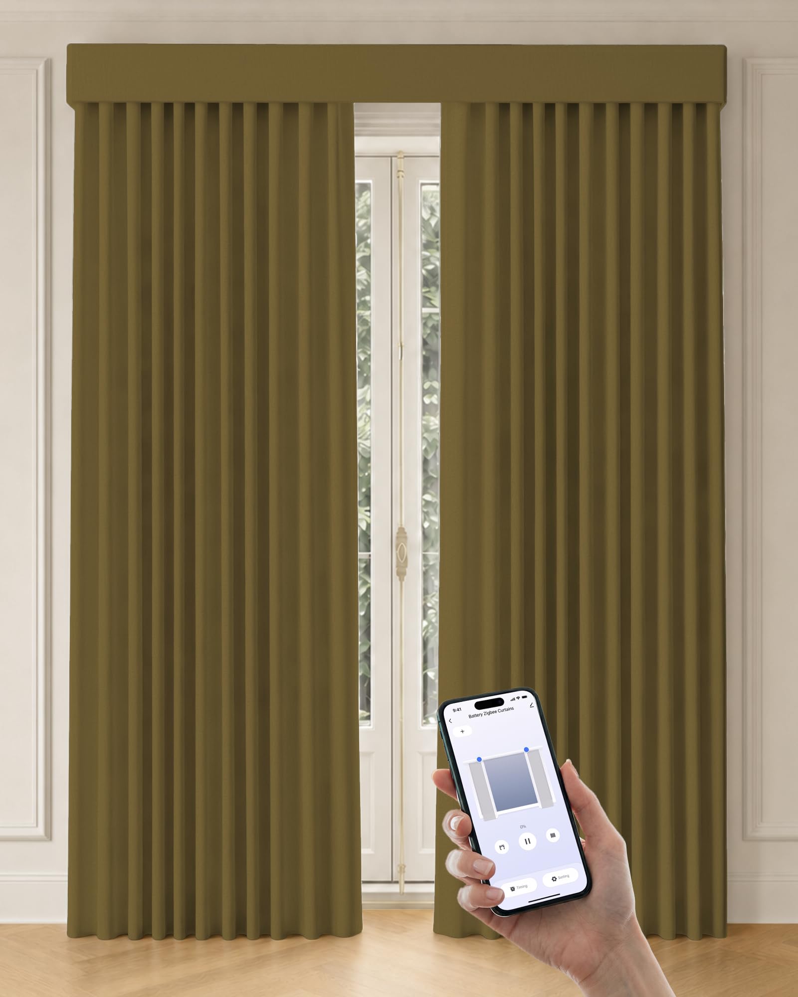 Graywind Motorized Curtains with Track, Room Darkening Smart Curtains, Hardwired Curtains Works with Alexa Google Home Remote Control for Large Windows, Custom Drapes Up to 207", Canvas (Mustard)