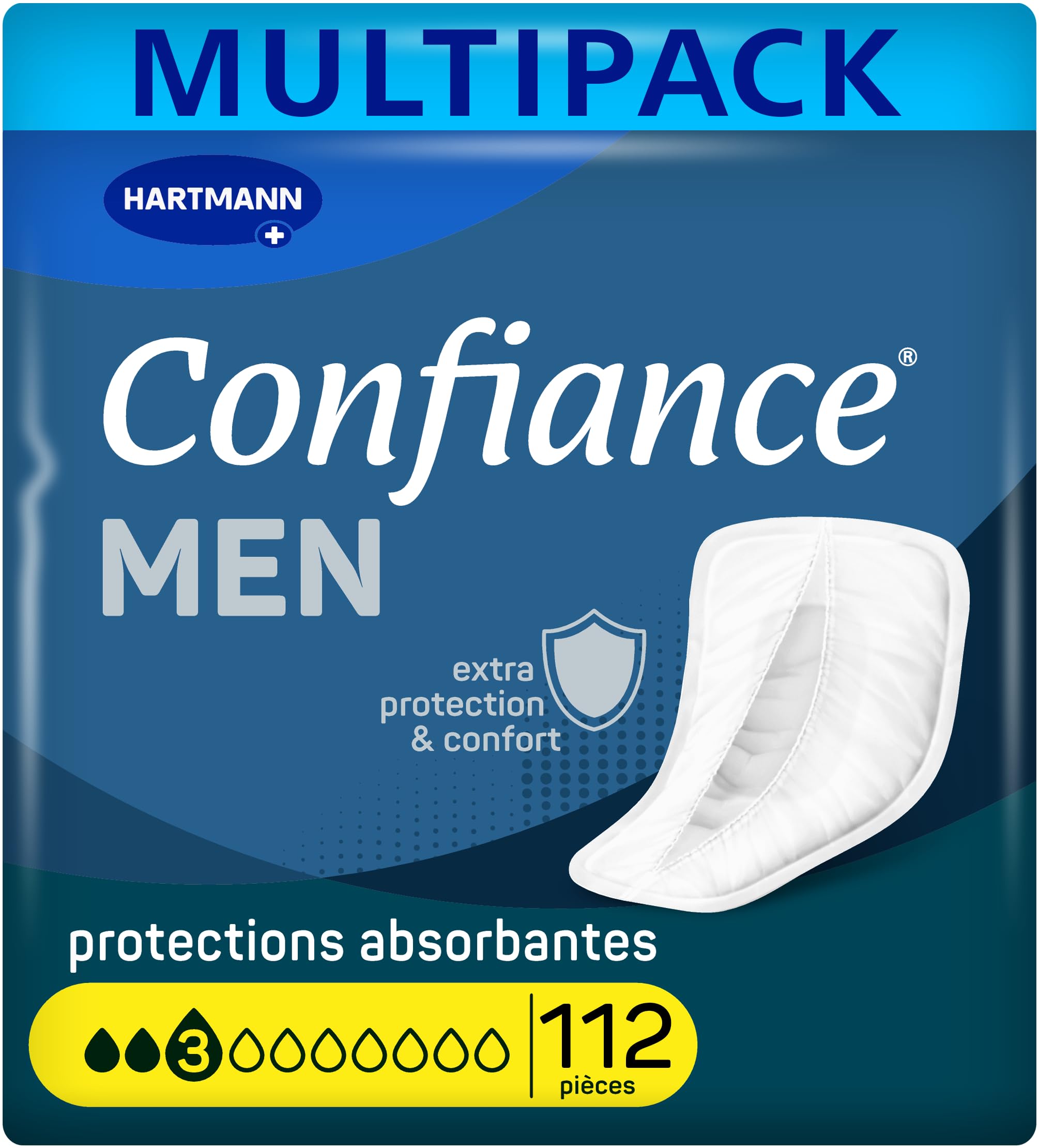 Confiance Men – Pequeñas protecciones anatómicas absorbentes para hombres – Discretos – Nivel de Absorción = 3 gotas (fugas urinarias medianas) – pH neutro a la piel – 8 x 14 unidades