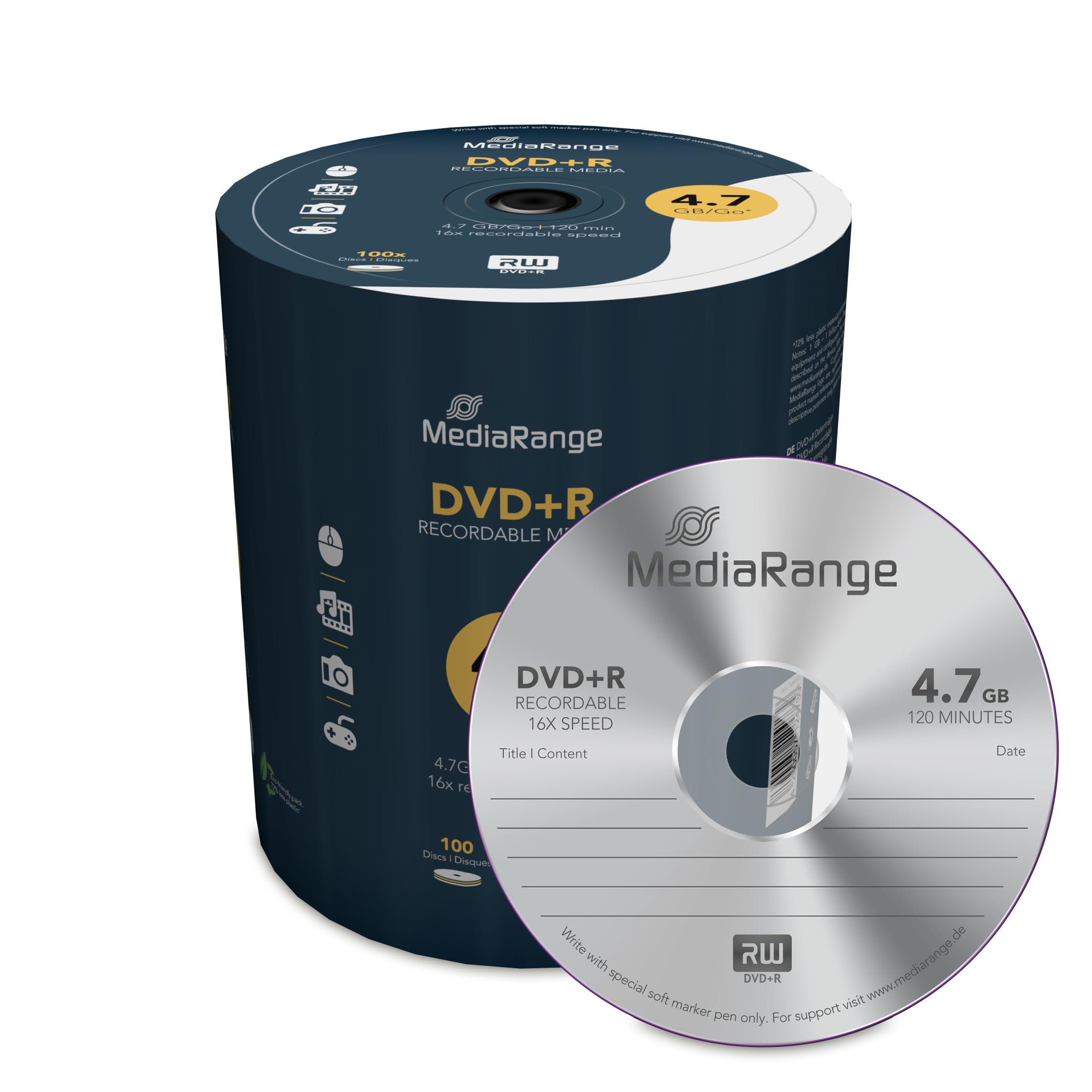 MEDIARANGE MR443 Lot de 100 DVD R 4,7 Go 16x