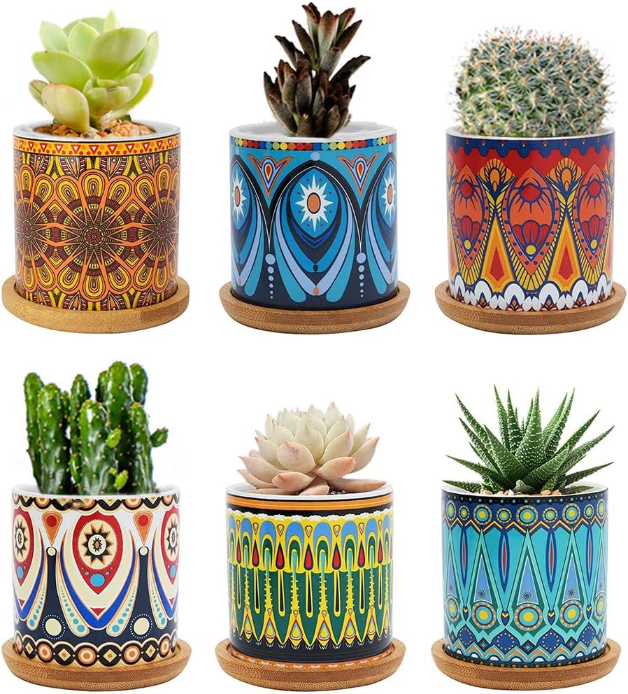 7.5CM Succulent Plant Pot, Ceramic Mandala Pattern Cactus Plants Pot, Small Plant Pots for Indoor Outdoor Plants with Bamboo Tray, and Great for Home Office Decor, Set of 6