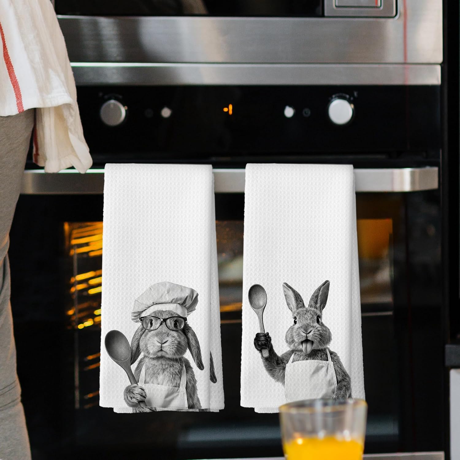 Funny Bunny Kitchen Towels Set of 2, Easter Kitchen Accessories, Rabbit Chef Gift Hand Towel, Gifts for Bunny Lovers Women, Dining Room Decorative Tea Towel Dish Towels 16x24 Inch image 2
