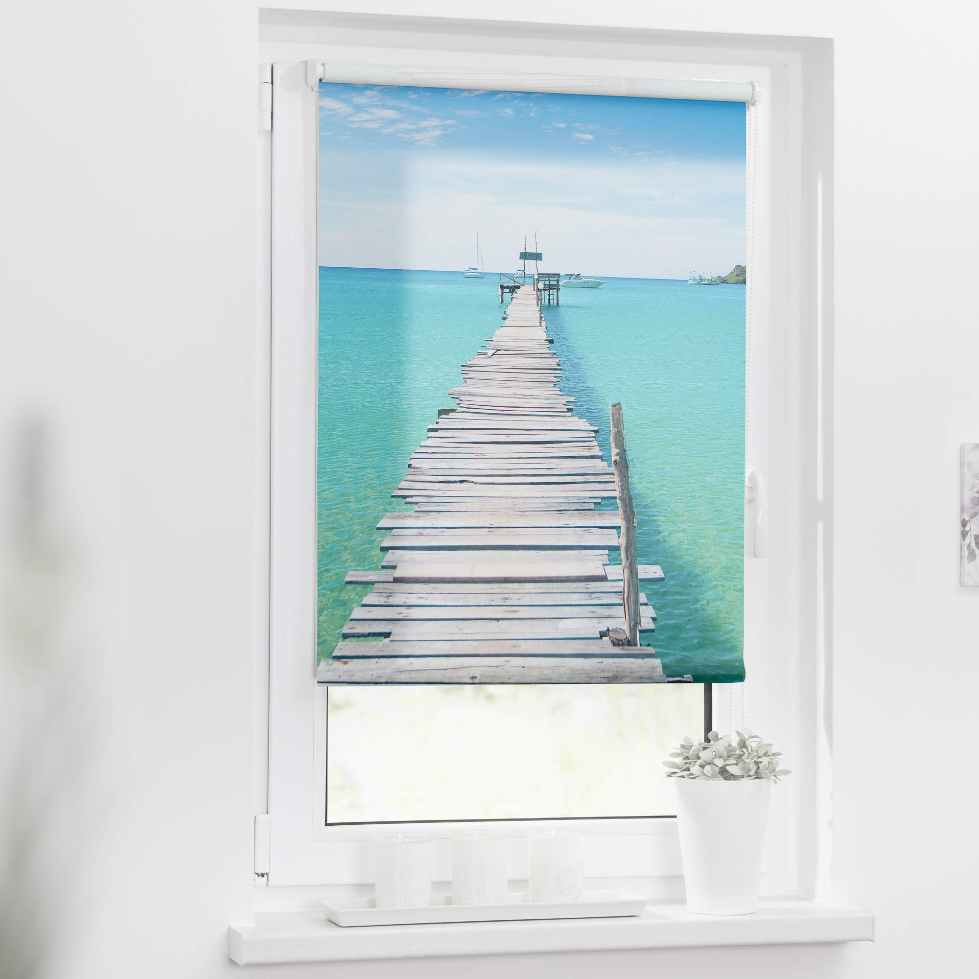 Lichtblick Klemmfix Verdunklungs-Rollo mit Motiv, ohne Bohren, Blickdicht, Seitenzugrollo, Made in Germany, EL Mar - Blau 70 cm x 150 cm (B x L)