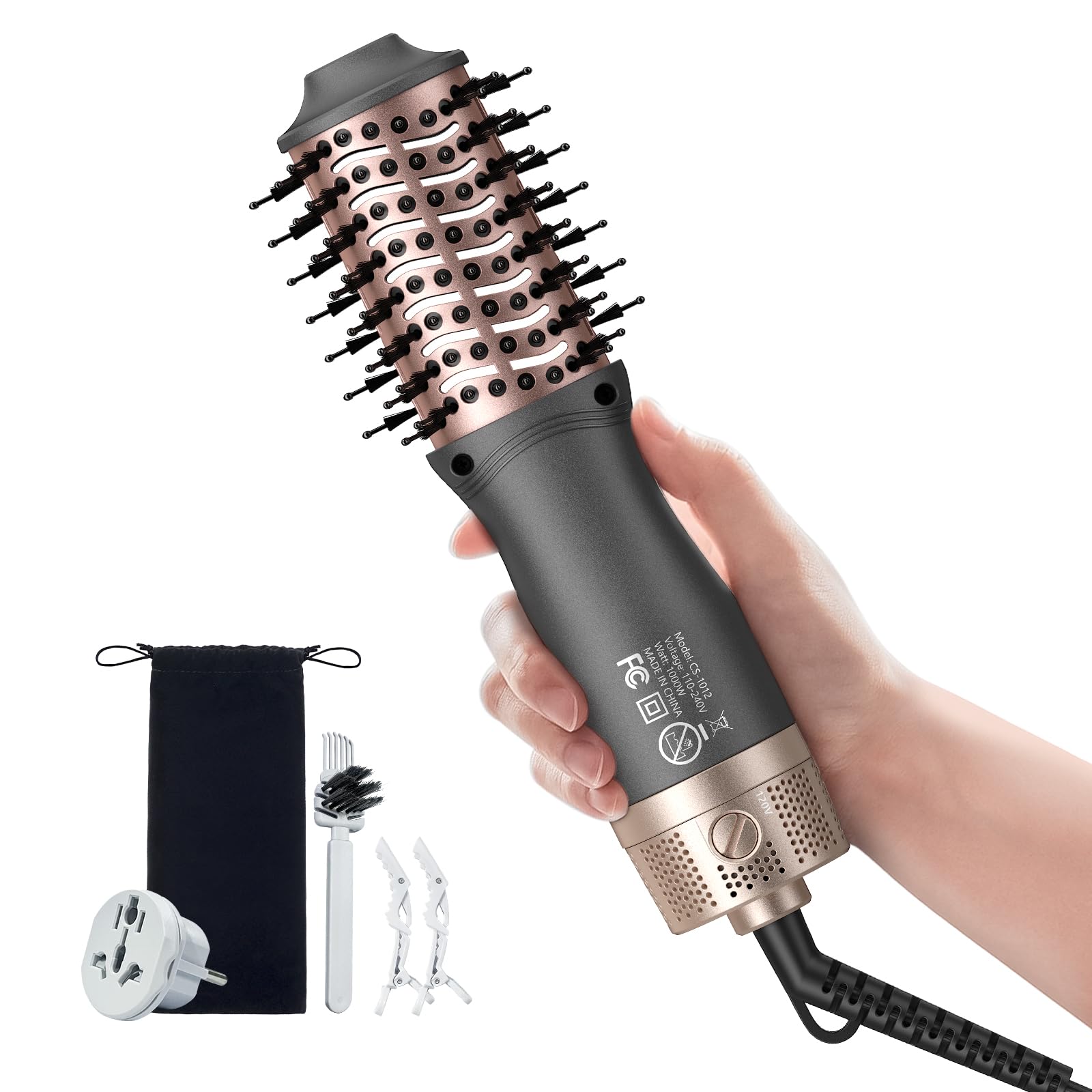 Slopehill Dual Voltage Hair Dryer Brush, Travel Hot Air Brush with European Plug, Mini Ionic One Step Hair Dryer and Styler for Women, 1000 Watts for Home & Salon, 2 Heat & 2 Speed Settings